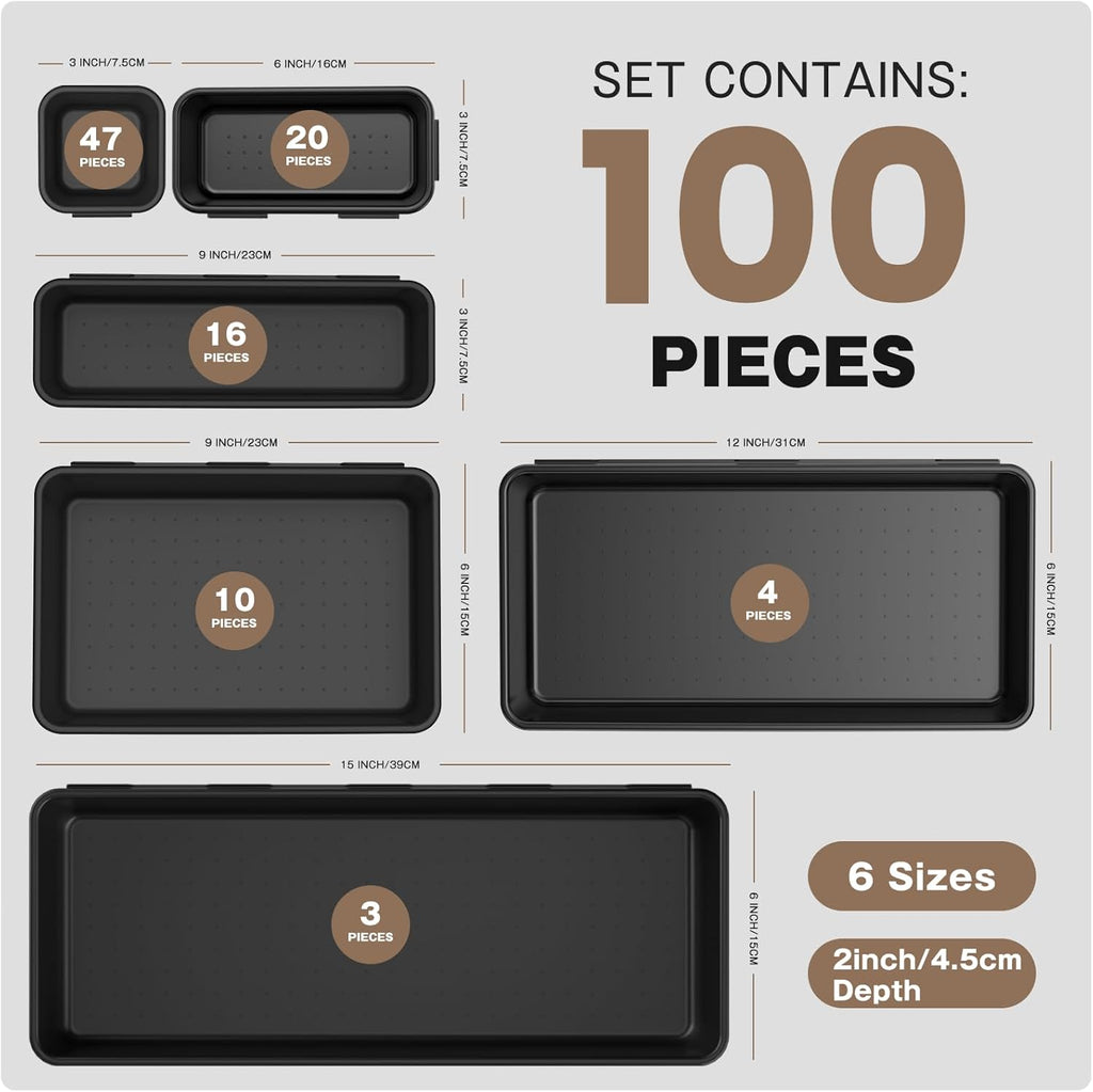 A-LuGei 【Fits 100+ Tools】 【100-Piece 6-Size】 Tool Organizer Tray Set - Black Plastic Drawer Dividers for Garage Cabinets, Rolling Tool Chests, Workbenches & Office Storage