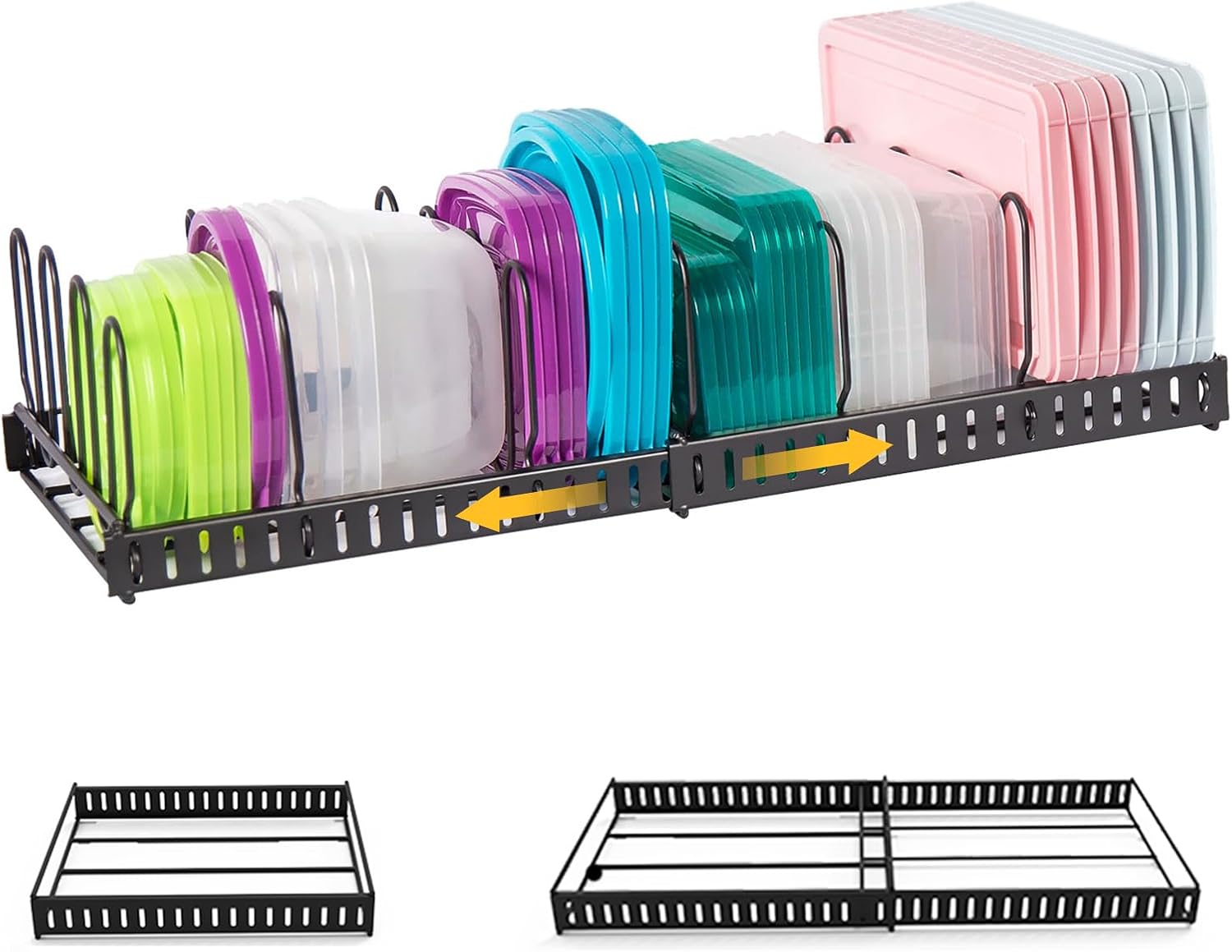 Expandable Food Container Lid Organizer,Large Capacity Adjustable 8 Dividers Detachable Lid Organizer Rack for Cabinets, Cupboards, Pantry Shelves, Drawers Keep Kitchen Tidy,Black 10.2”wide,3.6 Pound.