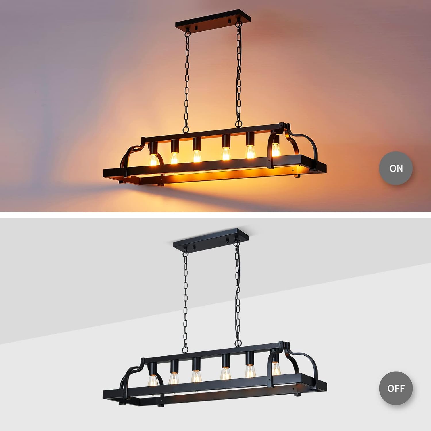 WUZUPS 6-Light Metal Pot Hanging Rack Chandelier Linear Pendant Ceiling Lighting Rustic Farmhouse Fixture Kitchen Island Dining Room, H 9.8" L 40.6" W11.8, E26 Base, Black