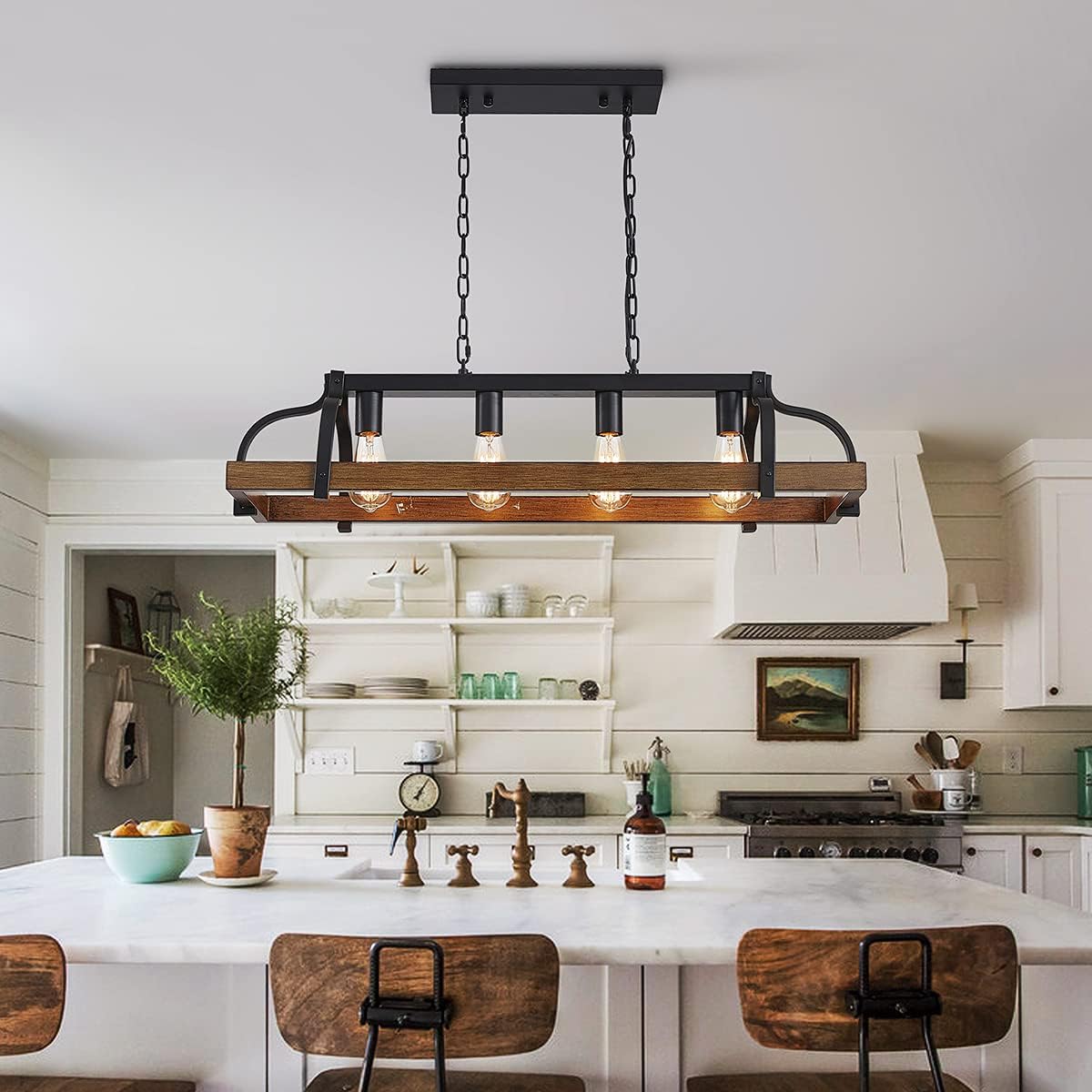 WUZUPS 4-Light Metal Pot Hanging Rack Chandelier Imitation Wood Grain Linear Pendant Ceiling Lighting Rustic Farmhouse Fixture Kitchen Island Dining Room, H 9.8" x L 34.6" x W11.8, E26 Base, Black