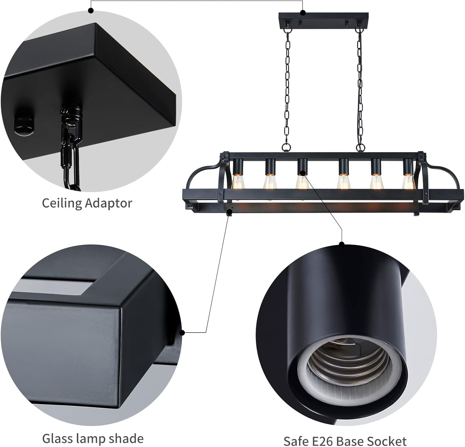 WUZUPS 6-Light Metal Pot Hanging Rack Chandelier Linear Pendant Ceiling Lighting Rustic Farmhouse Fixture Kitchen Island Dining Room, H 9.8" L 40.6" W11.8, E26 Base, Black