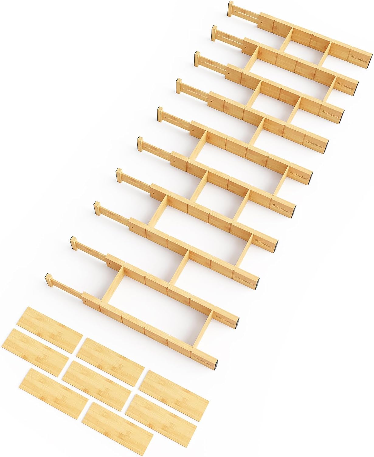 SpaceAid Bamboo Drawer Dividers with Inserts and Labels, Kitchen Adjustable Drawer Organizers, Expandable Organization for Home, Office, Dressers, 7 Dividers with 15 Inserts (17"-22" Natural)