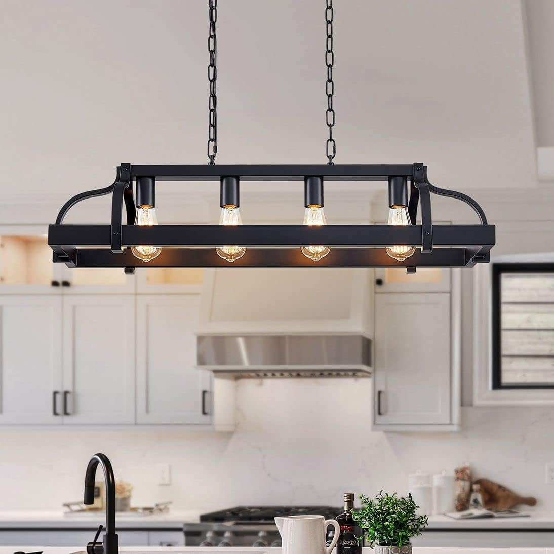WUZUPS 4-Light Metal Pot Hanging Rack Chandelier Imitation Wood Grain Linear Pendant Ceiling Lighting Rustic Farmhouse Fixture Kitchen Island Dining Room, H 9.8" x L 34.6" x W11.8, E26 Base, Black