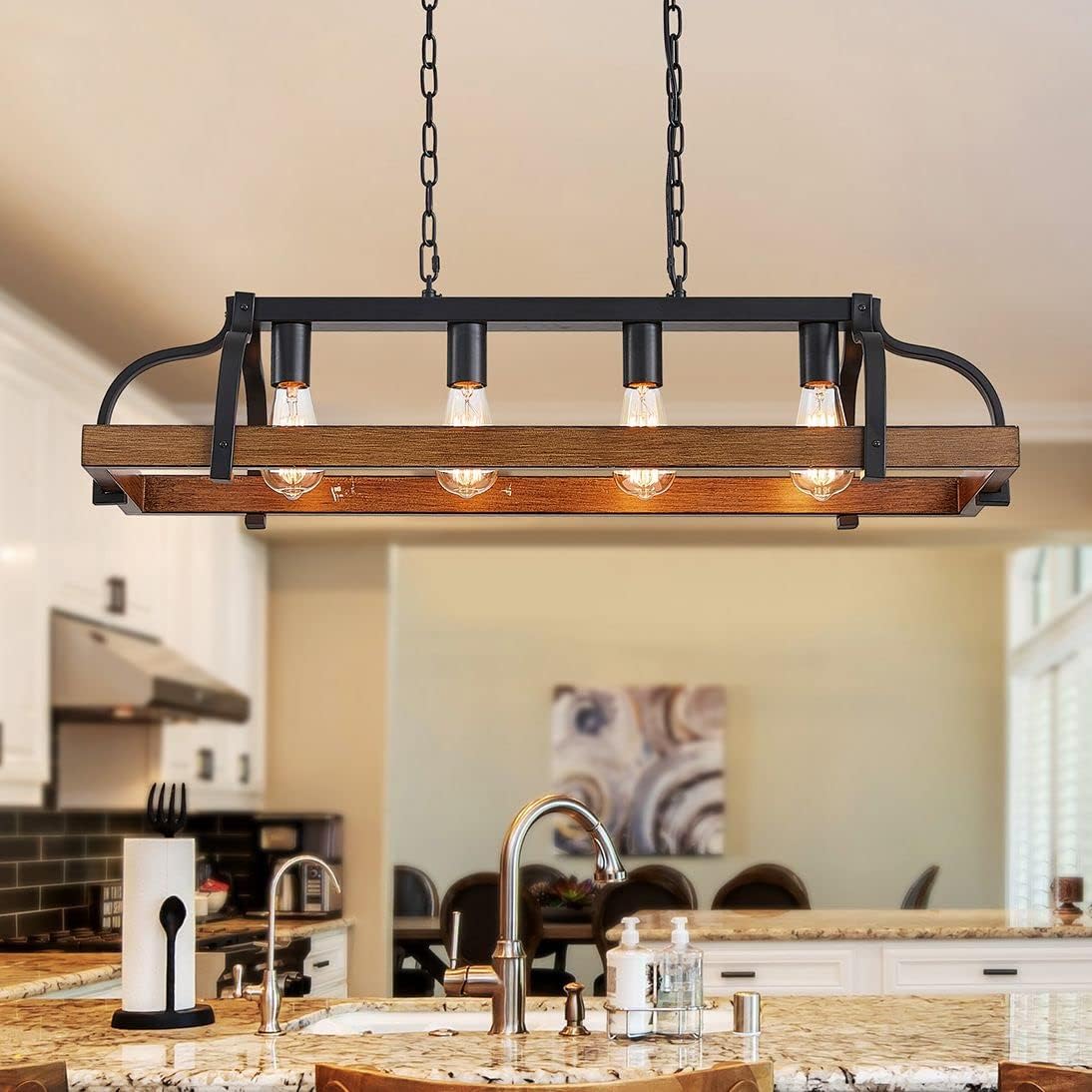 WUZUPS 6-Light Metal Pot Hanging Rack Chandelier Linear Pendant Ceiling Lighting Rustic Farmhouse Fixture Kitchen Island Dining Room, H 9.8" L 40.6" W11.8, E26 Base, Black