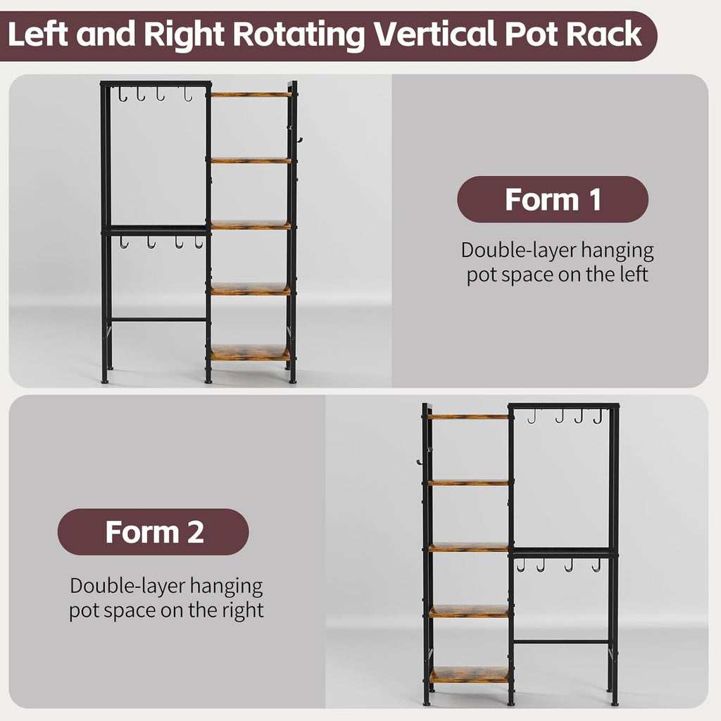 5-Tier Pot and Pan Organizer Rack with Hooks, Heavy-Duty Kitchen Storage Shelf for Cookware, Dishes, and Utensils, Freestanding Metal Pot Rack Organizer for Kitchen, Pantry, or Dining Room