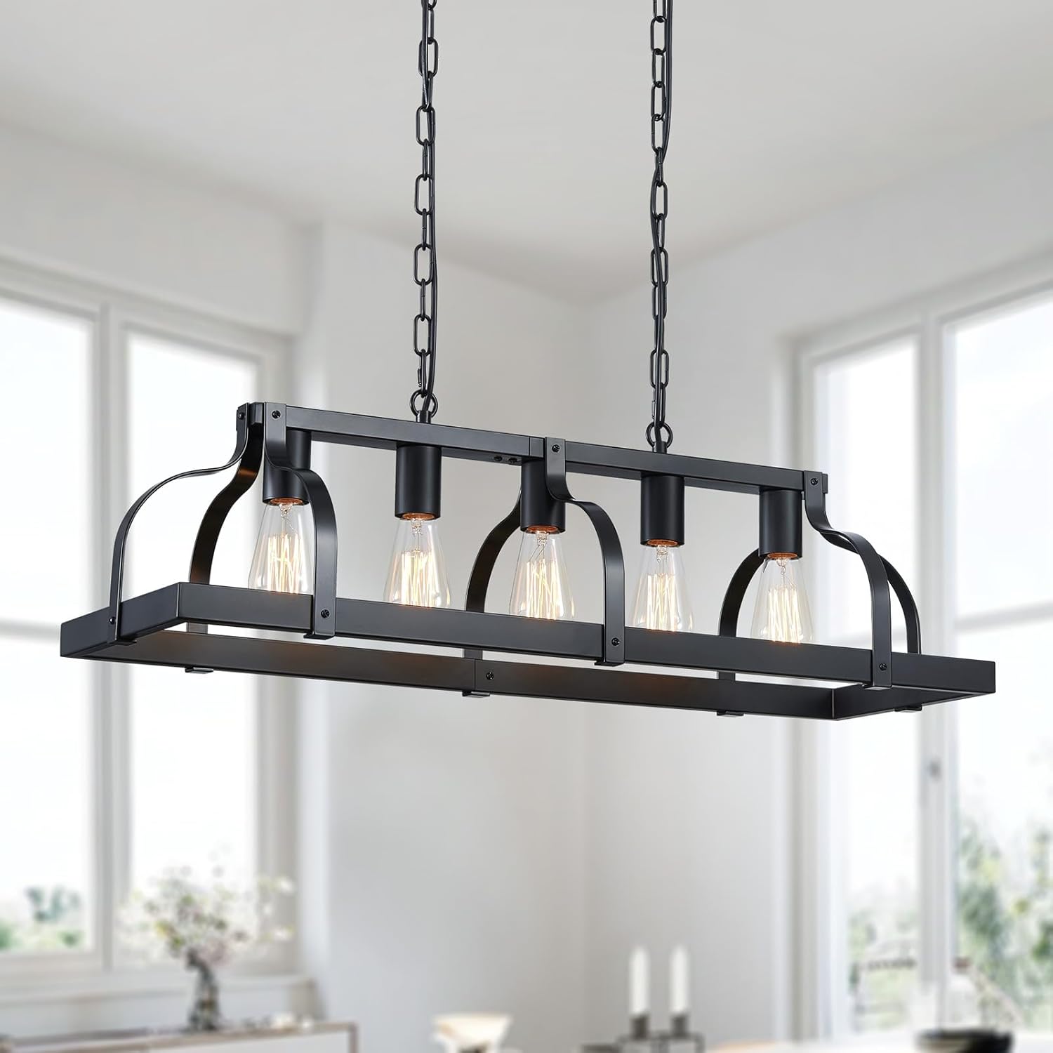 WUZUPS 6-Light Metal Pot Hanging Rack Chandelier Linear Pendant Ceiling Lighting Rustic Farmhouse Fixture Kitchen Island Dining Room, H 9.8" L 40.6" W11.8, E26 Base, Black