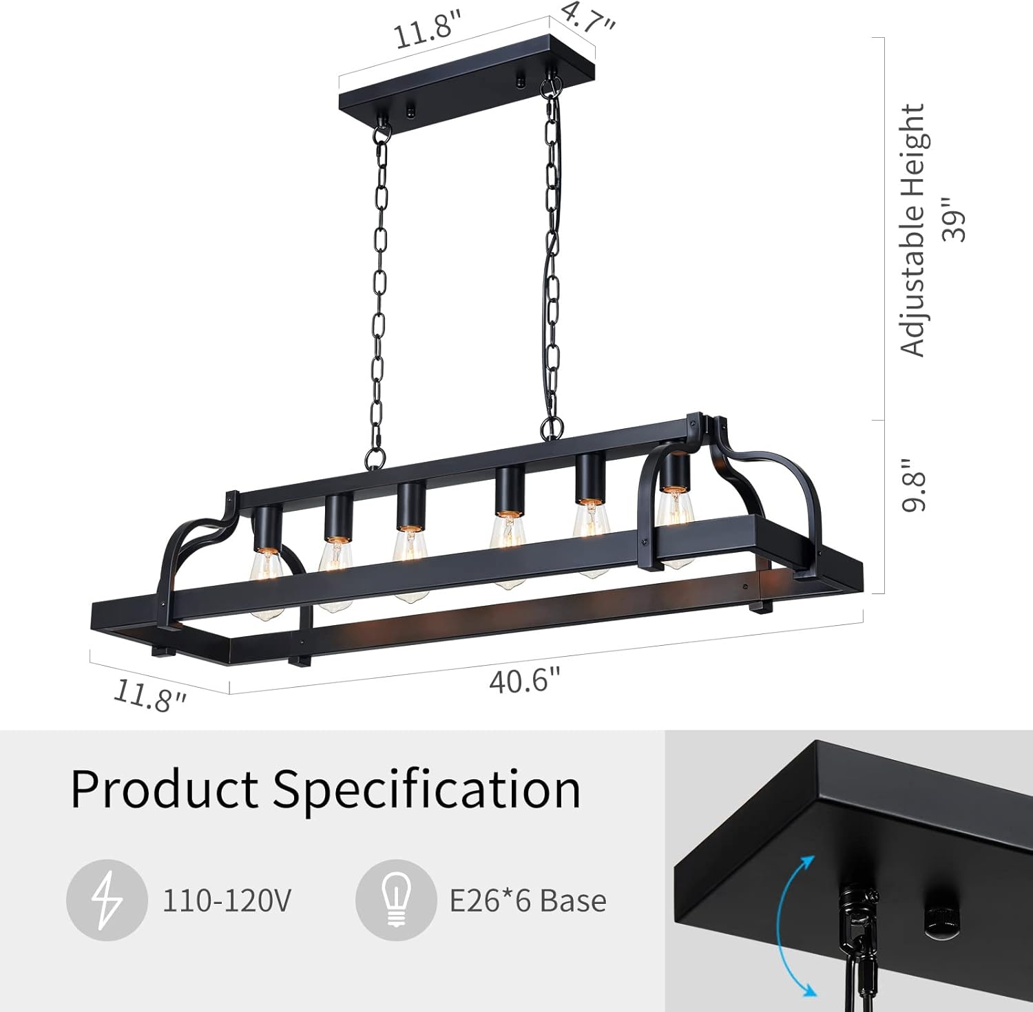 WUZUPS 6-Light Metal Pot Hanging Rack Chandelier Linear Pendant Ceiling Lighting Rustic Farmhouse Fixture Kitchen Island Dining Room, H 9.8" L 40.6" W11.8, E26 Base, Black