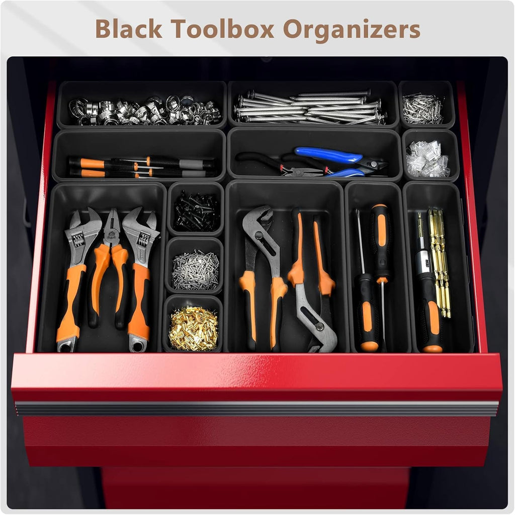 A-LuGei 【Fits 100+ Tools】 【100-Piece 6-Size】 Tool Organizer Tray Set - Black Plastic Drawer Dividers for Garage Cabinets, Rolling Tool Chests, Workbenches & Office Storage