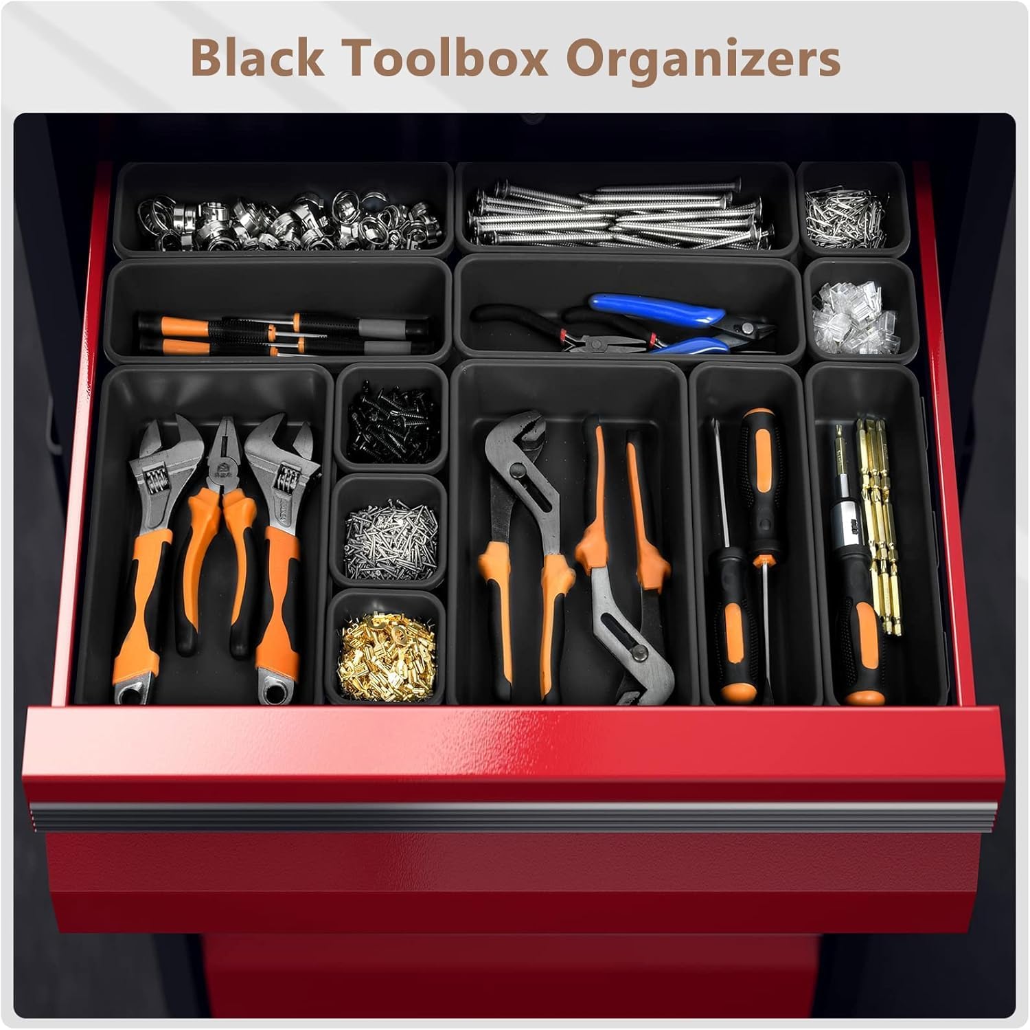 A-LuGei 【Fits 100+ Tools】 【100-Piece 6-Size】 Tool Organizer Tray Set - Black Plastic Drawer Dividers for Garage Cabinets, Rolling Tool Chests, Workbenches & Office Storage