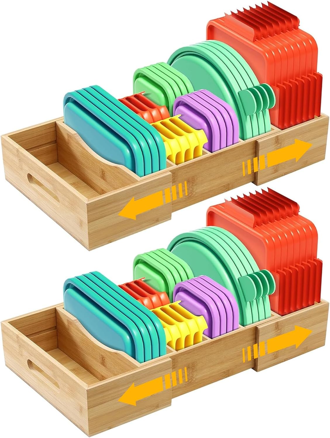 Expandable Food Container Lid Organizers Inside Cabinet, Bamboo Lids Organizer with 3 Adjustable Dividers Groove Design, Food Storage Plastic Lid Holder for Kitchen Storage, Organization