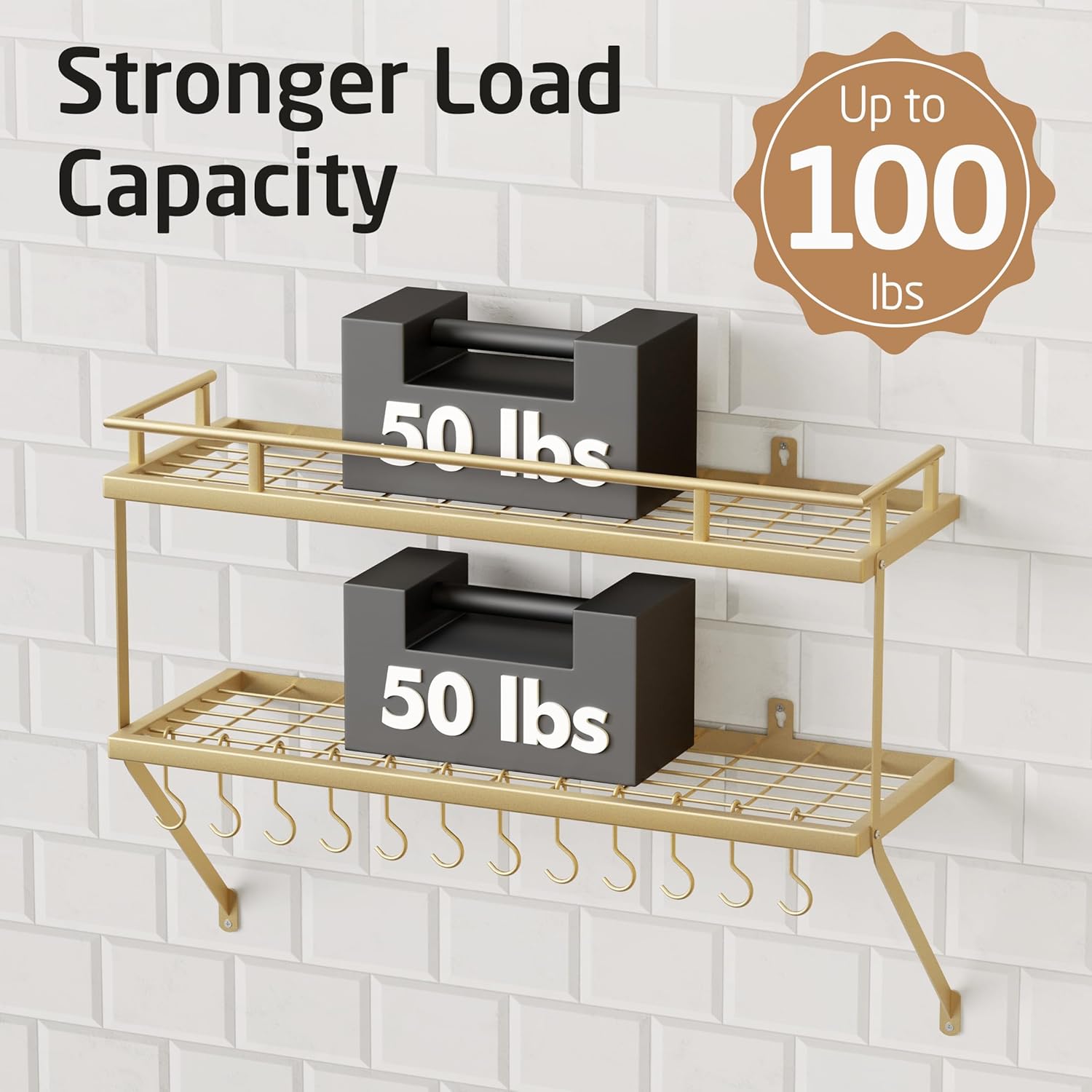 KES 30-Inch Gold Pot Rack Wall Mounted, 2-Tier Hanging Pot and Pan Organizer with 12 Sturdy Hooks, Elegant Modern Kitchen Wall Hanger Shelves, KUR215S75B-GD