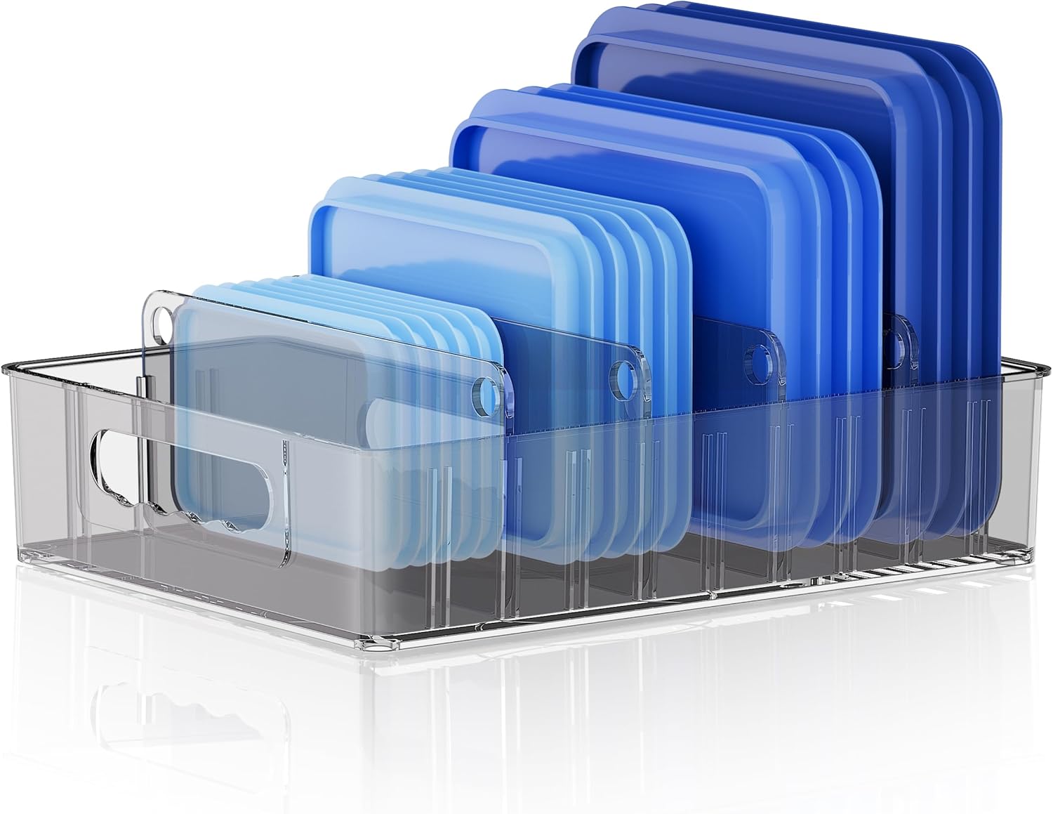 LYNG Lid Organizers Inside Cabinet, Clear Plastic Storage Lid Organizer With 4 Adjustable Dividers, Food Container Lid Organizer For Kitchen Pantry