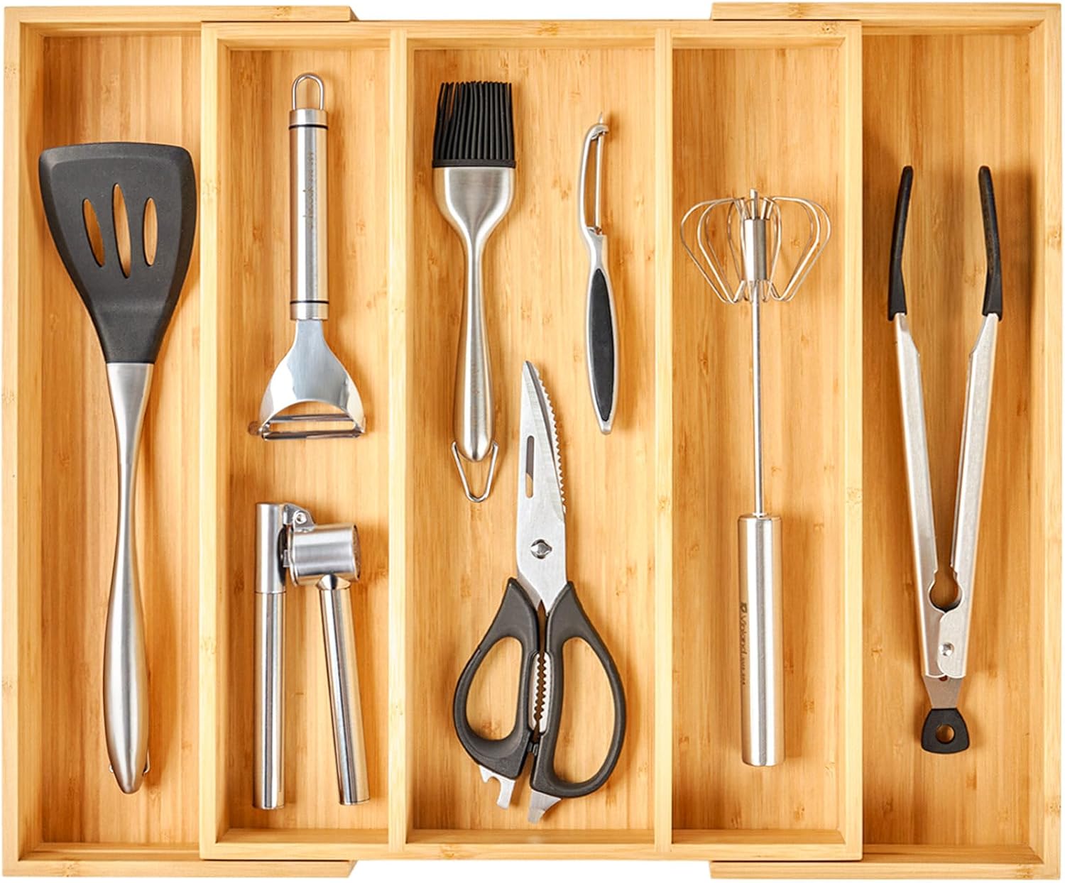 Umilife Extra Large Expandable Kitchen Drawer Organizer for Utensil and Junk, 19" Deep for Big Drawer, 17" to 28" Adjustable Bamboo Wood Drawer Divider, Cutlery Tray, Flatware Holder