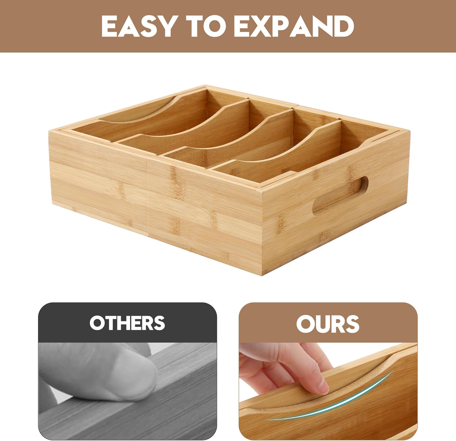 Expandable Food Container Lid Organizers Inside Cabinet, Bamboo Lids Organizer with 3 Adjustable Dividers Groove Design, Food Storage Plastic Lid Holder for Kitchen Storage, Organization