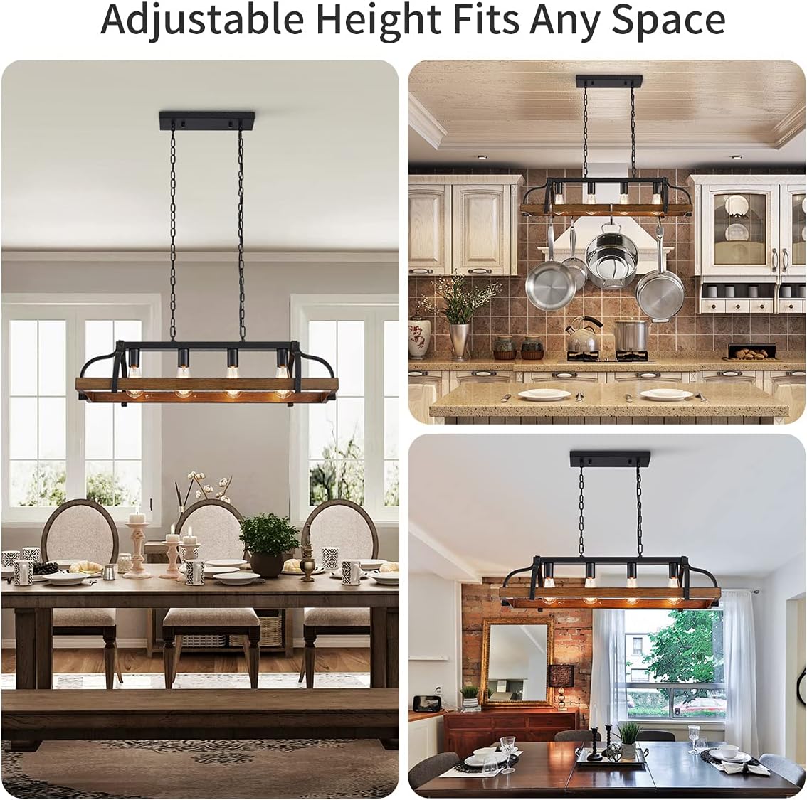 WUZUPS 4-Light Metal Pot Hanging Rack Chandelier Imitation Wood Grain Linear Pendant Ceiling Lighting Rustic Farmhouse Fixture Kitchen Island Dining Room, H 9.8" x L 34.6" x W11.8, E26 Base, Black