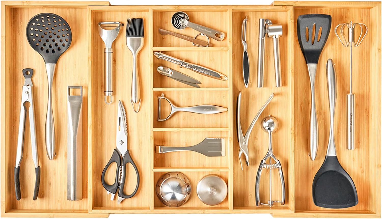 Umilife Extra Large Expandable Kitchen Drawer Organizer for Utensil and Junk, 19" Deep for Big Drawer, 17" to 28" Adjustable Bamboo Wood Drawer Divider, Cutlery Tray, Flatware Holder