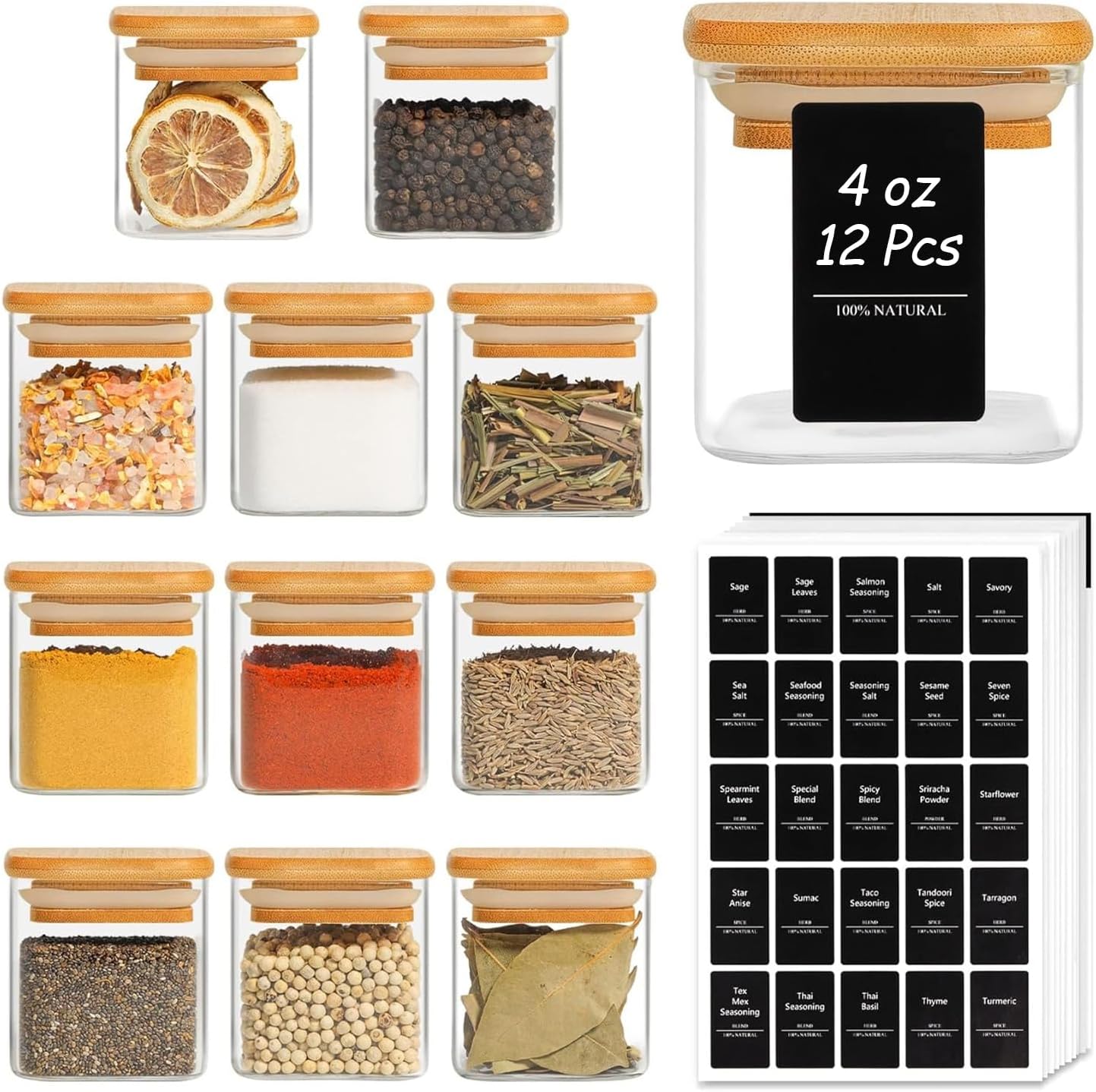 ComSaf 16Pcs Glass Spice Jars with Bamboo Lid, 6oz Airtight Square Containers with 275 Black Lables, Empty Seasoning Jars for Salt Sugar