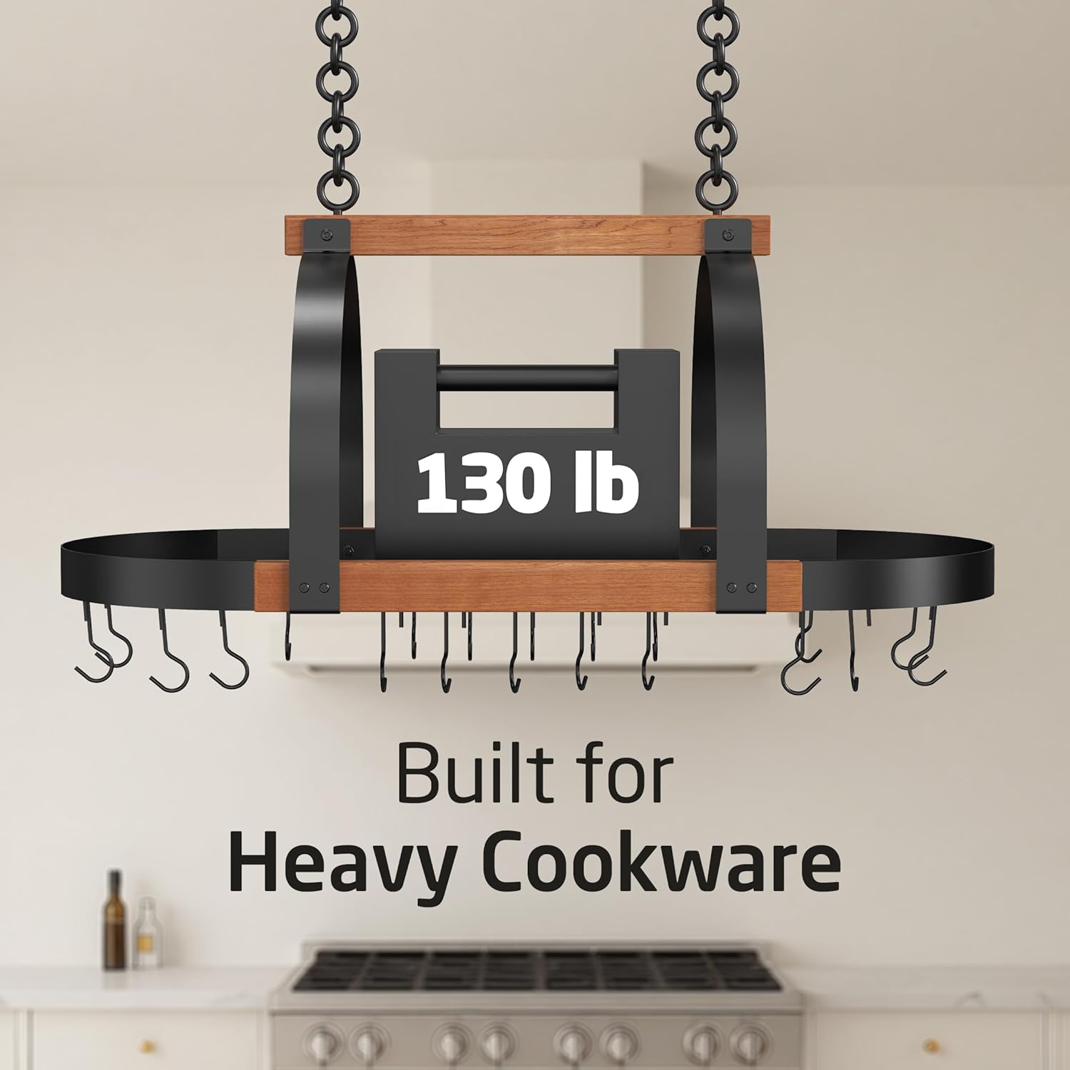 KES Natural Solid Wood 39 Inch Large Hanging Pot Rack, 130 LBS Capacity Heavy Duty Oval Pot and Pan Hanging Rack Ceiling Mount, Pot Pan Hangers Organizer for Kitchen, 20 Hooks (For 16" and 24" Joist)