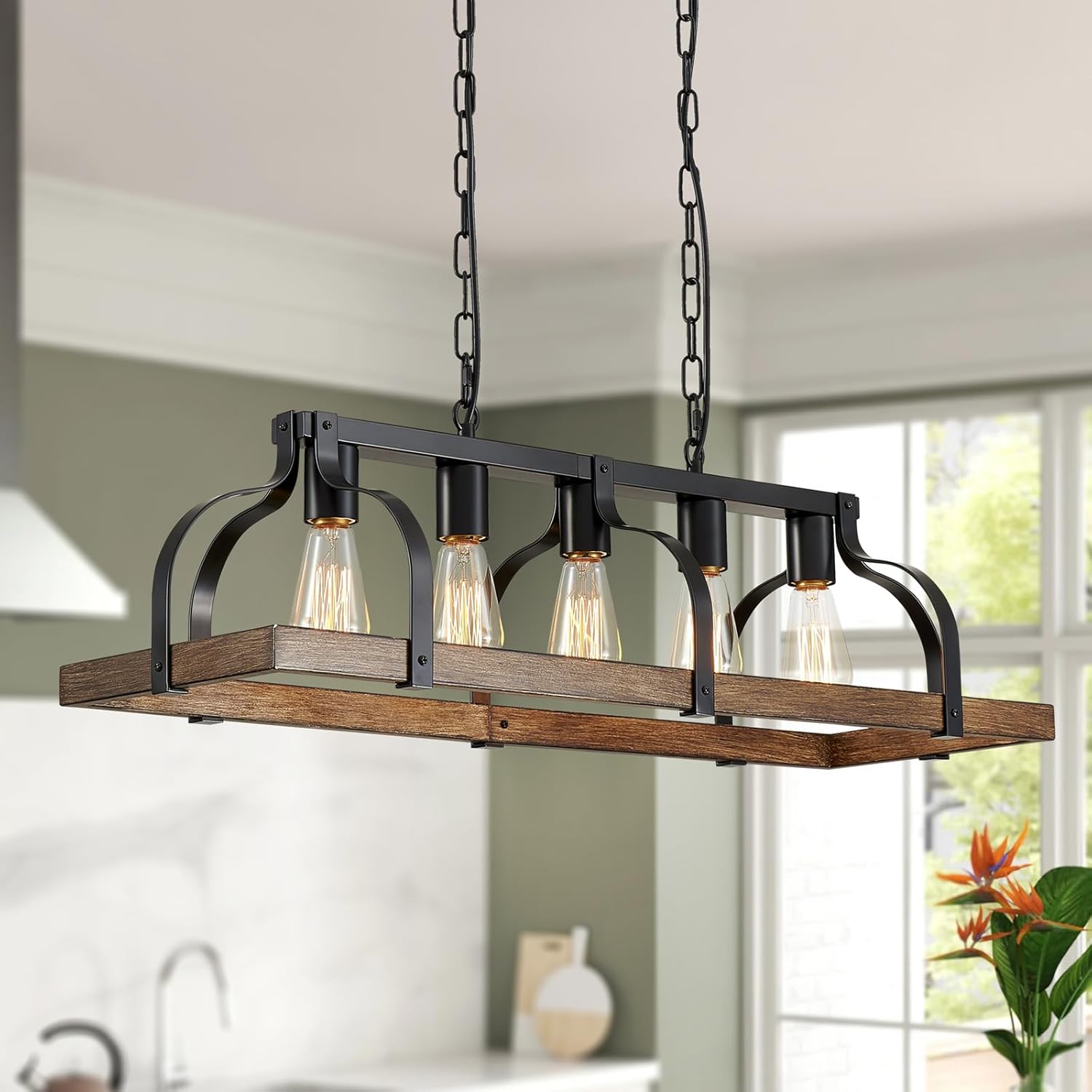 WUZUPS 4-Light Metal Pot Hanging Rack Chandelier Imitation Wood Grain Linear Pendant Ceiling Lighting Rustic Farmhouse Fixture Kitchen Island Dining Room, H 9.8" x L 34.6" x W11.8, E26 Base, Black