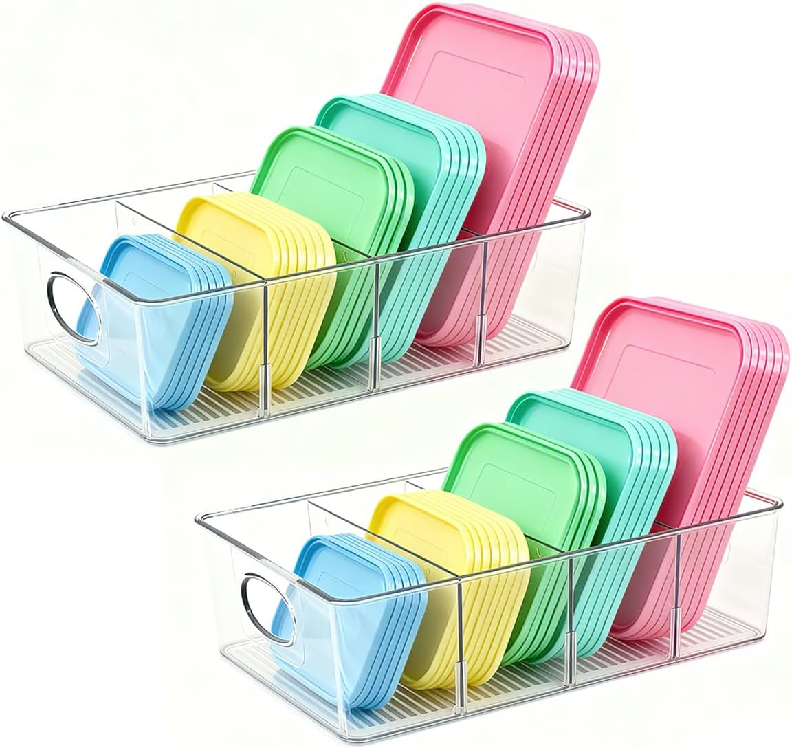 2 Pack Lid Organizer for Kitchen Cabinet Food Storage Container Lids, Clear Plastic Adjustable Dividers, Lid Organizers Inside Cabinet for Kitchen Organizers and Storage