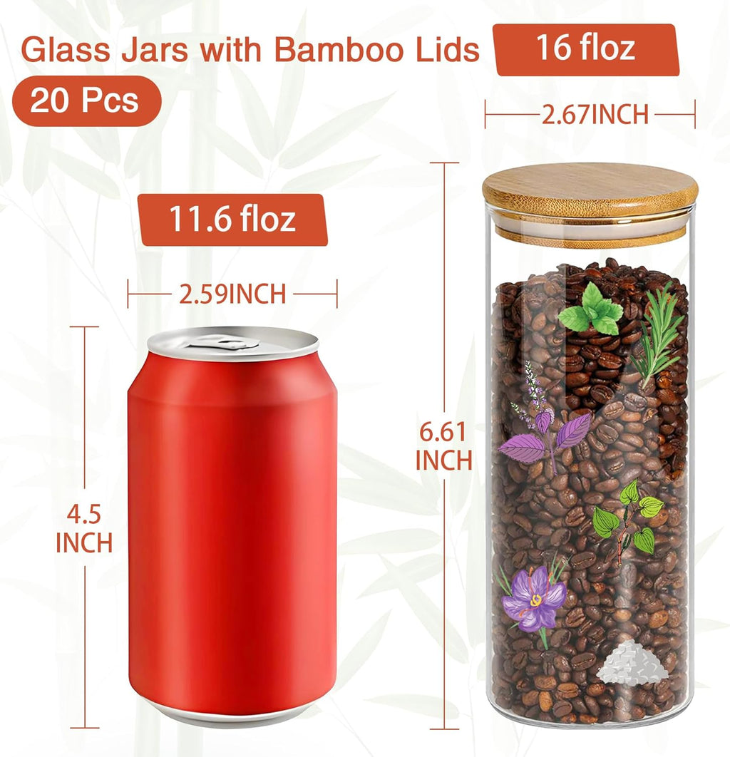 16 oz 20 pcs Glass Jars with Bamboo Lids, Stackable Clear Food Storage Jars, Airtight Kichen Glass Pantry Storage Containers with Lids for Rice, Candy, Sugar, Flour, Nuts, Cookie, Spice