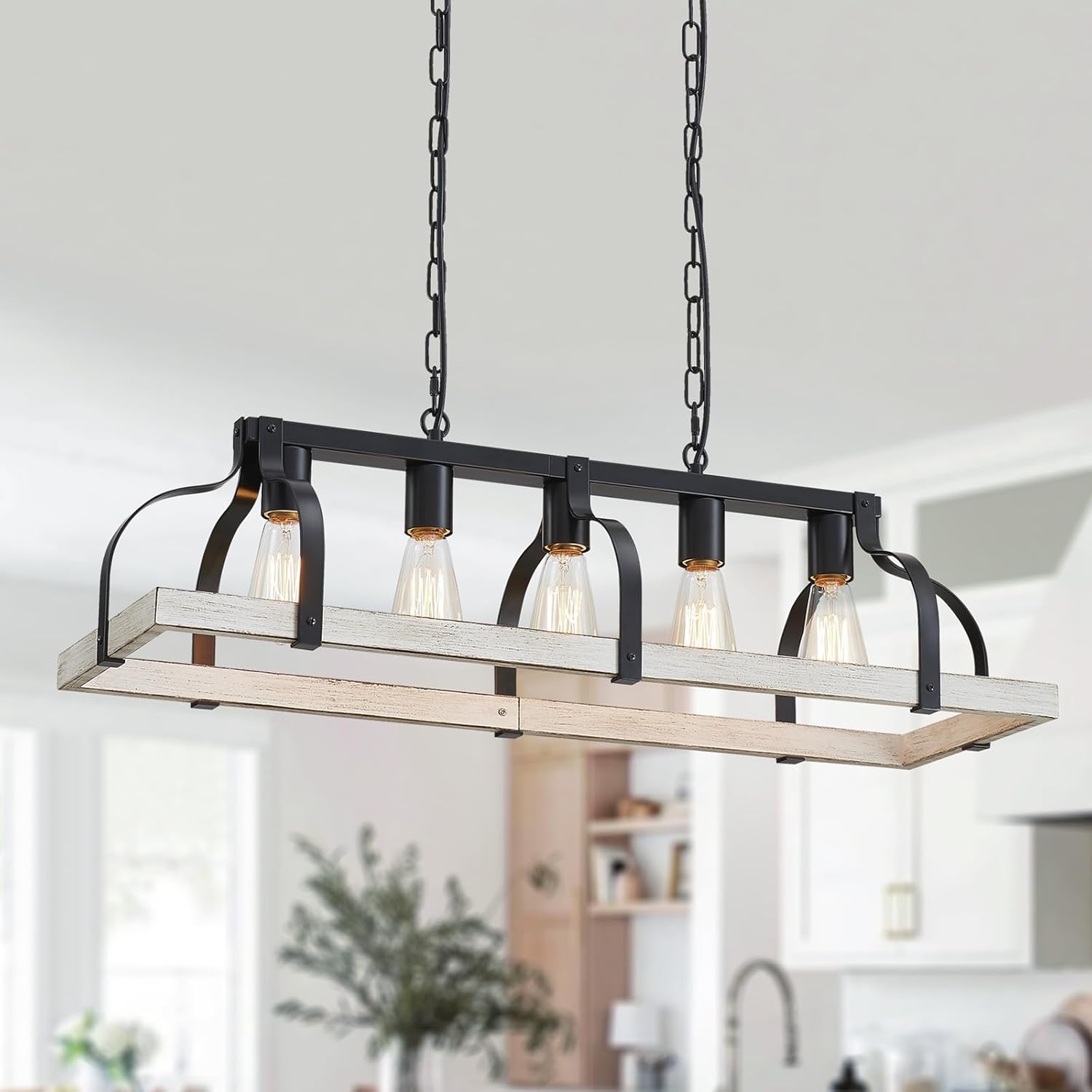 WUZUPS 6-Light Metal Pot Hanging Rack Chandelier Linear Pendant Ceiling Lighting Rustic Farmhouse Fixture Kitchen Island Dining Room, H 9.8" L 40.6" W11.8, E26 Base, Black