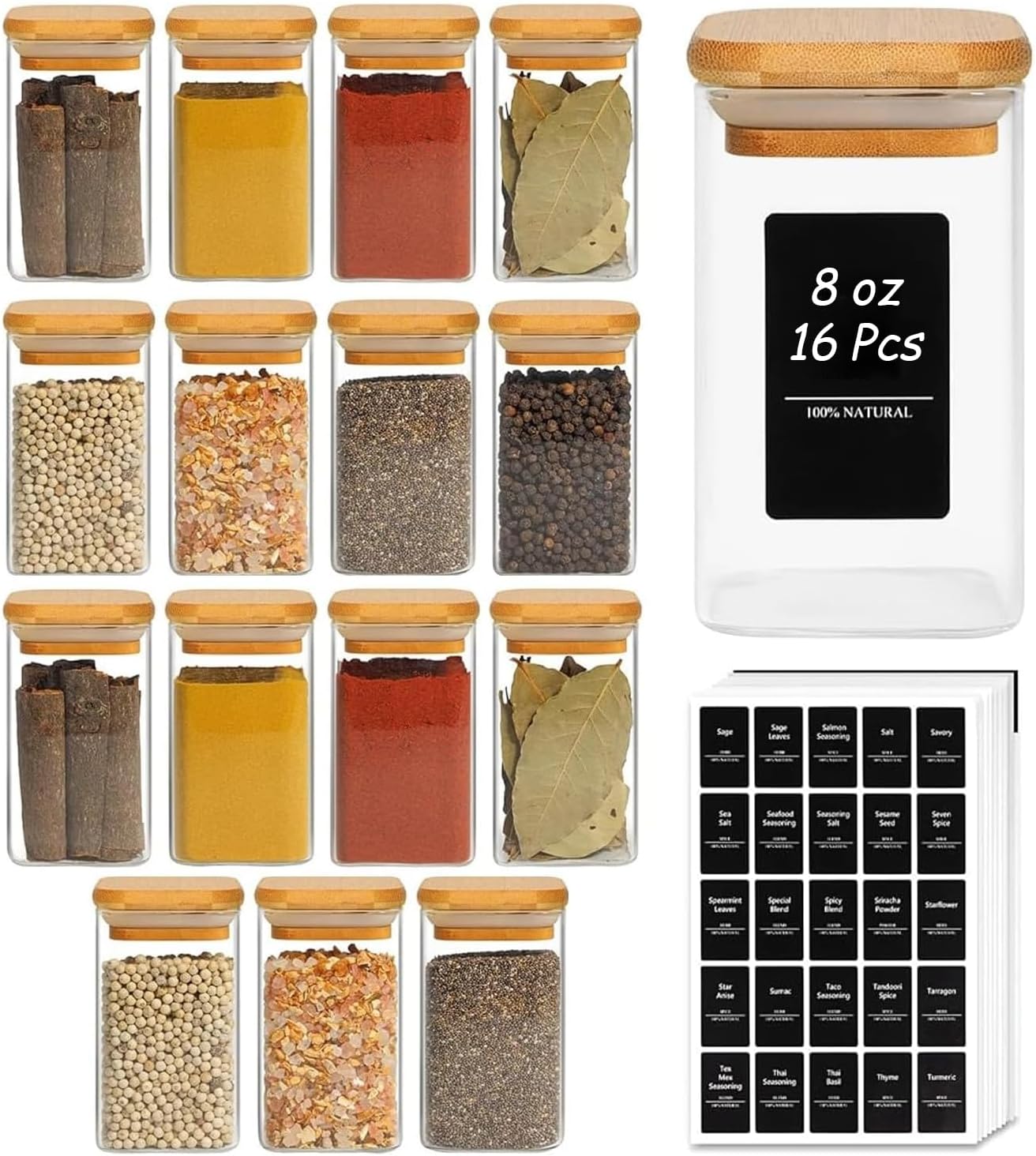 ComSaf 16Pcs Glass Spice Jars with Bamboo Lid, 6oz Airtight Square Containers with 275 Black Lables, Empty Seasoning Jars for Salt Sugar