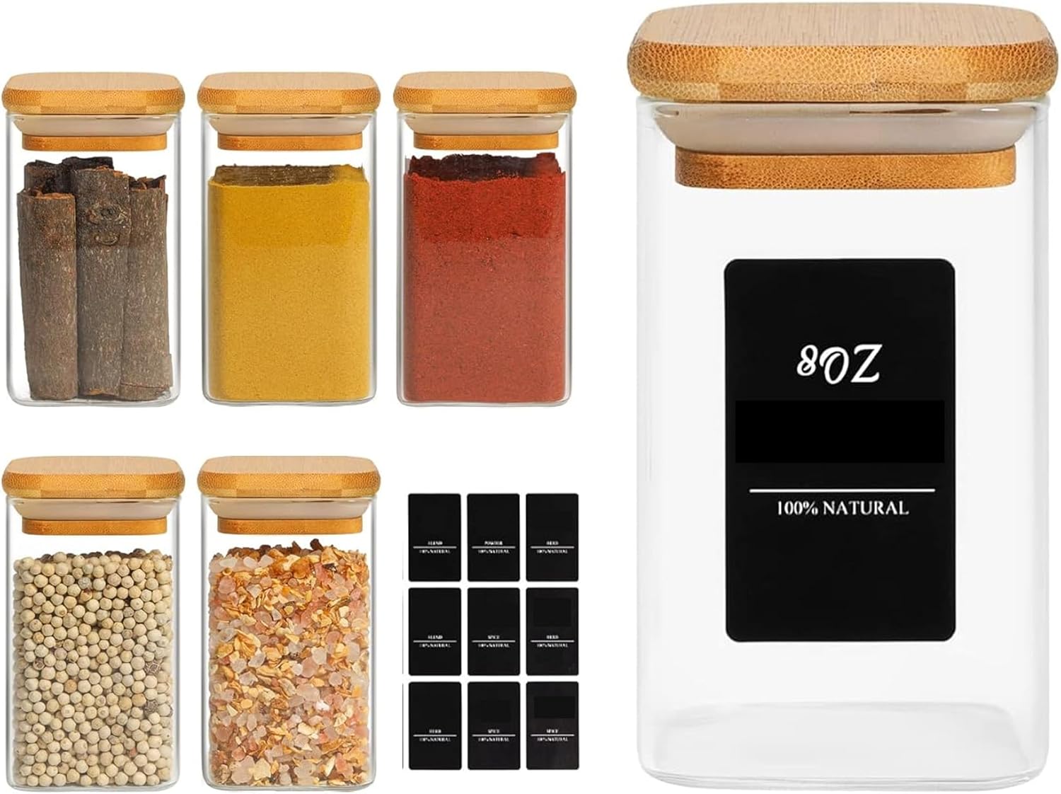 ComSaf 12Pcs Glass Spice Jars with Bamboo Lid, 10oz Airtight Square Containers with 275 Black Lables, Empty Seasoning Jars for Spice Salt Sugar