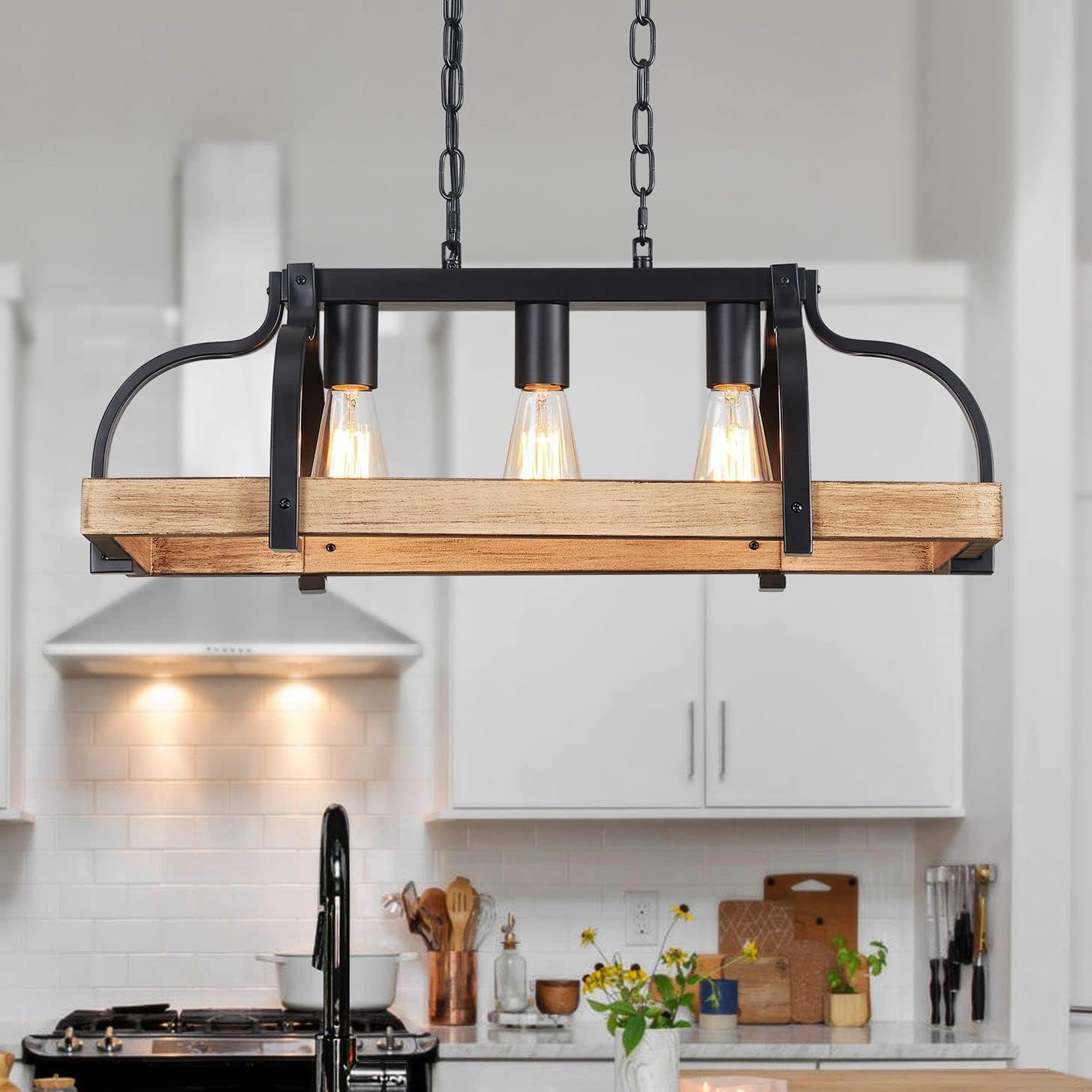 WUZUPS 6-Light Metal Pot Hanging Rack Chandelier Linear Pendant Ceiling Lighting Rustic Farmhouse Fixture Kitchen Island Dining Room, H 9.8" L 40.6" W11.8, E26 Base, Black