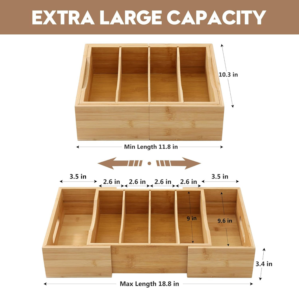 Expandable Food Container Lid Organizers Inside Cabinet, Bamboo Lids Organizer with 3 Adjustable Dividers Groove Design, Food Storage Plastic Lid Holder for Kitchen Storage, Organization