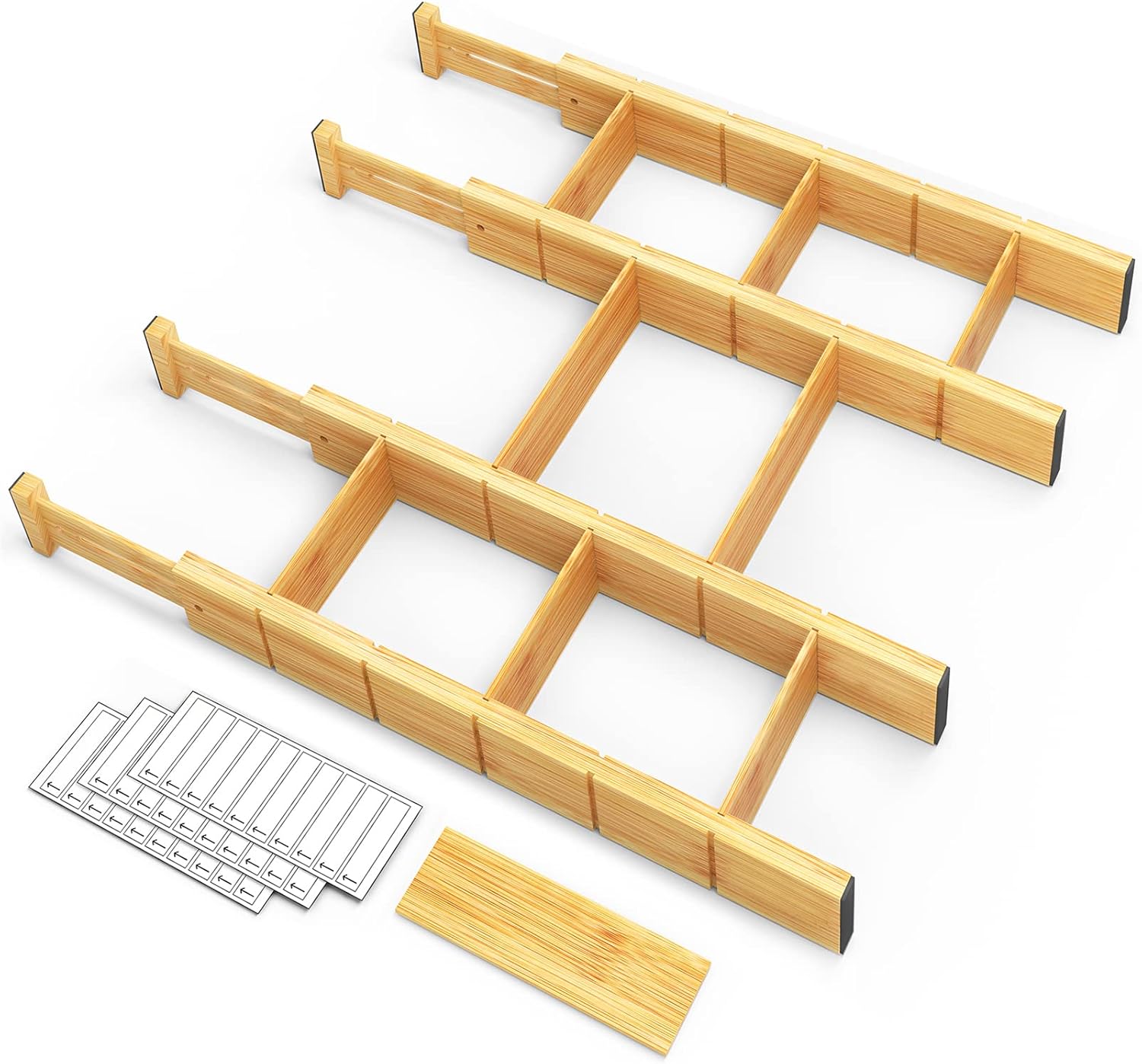 SpaceAid Bamboo Drawer Dividers with Inserts and Labels, Kitchen Adjustable Drawer Organizers, Expandable Organization for Home, Office, Dressers, 7 Dividers with 15 Inserts (17"-22" Natural)