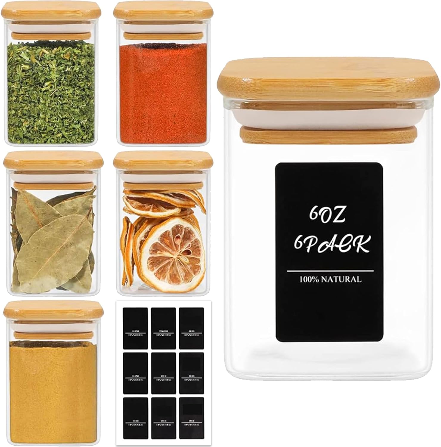 ComSaf 16Pcs Glass Spice Jars with Bamboo Lid, 6oz Airtight Square Containers with 275 Black Lables, Empty Seasoning Jars for Salt Sugar
