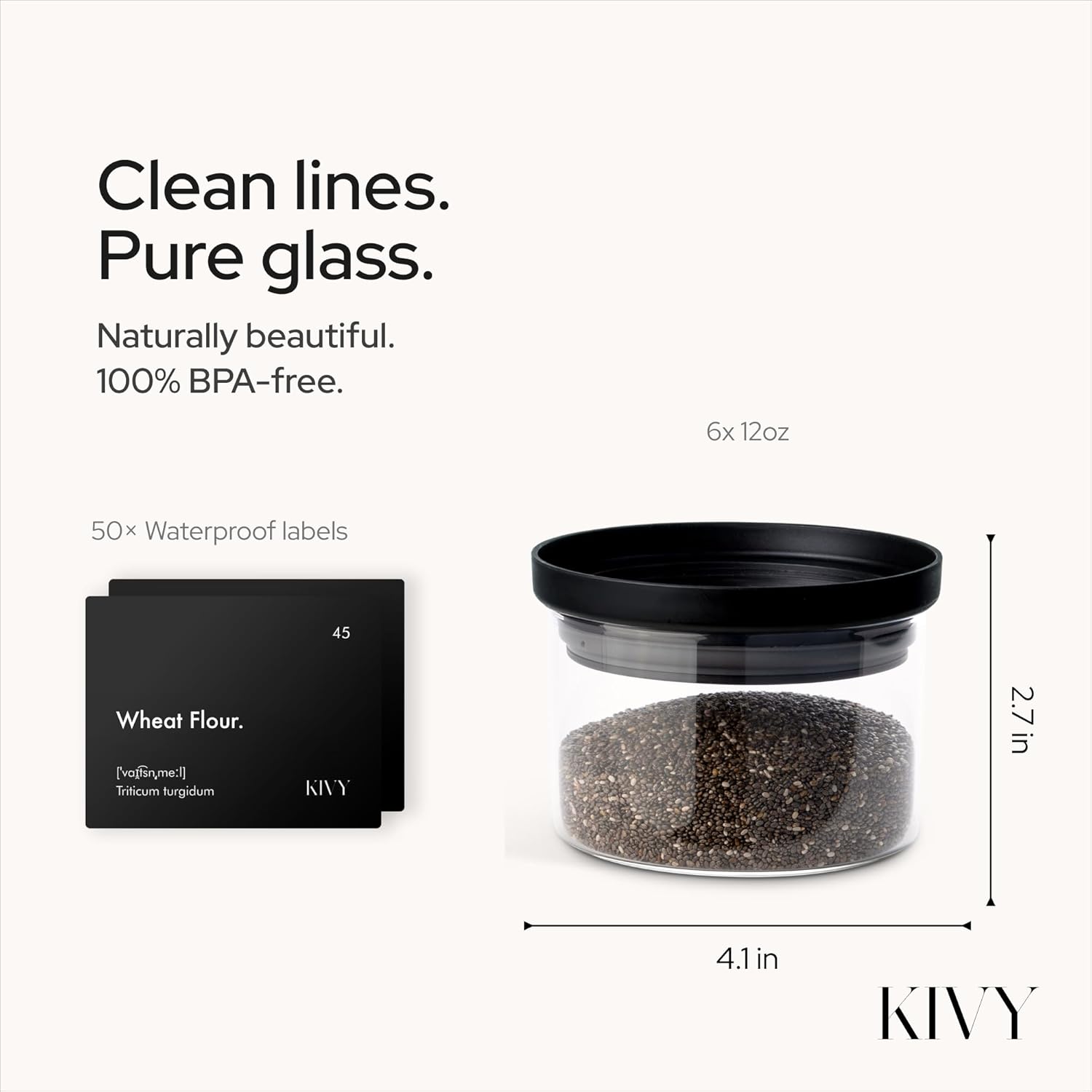 KIVY Glass spice jars transparent Glass Lid [6x 12oz] Stackable & Airtight small glass jars - Spice containers - Seasoning jars tea - Spice storage containers - Spice jars with black lids & labels