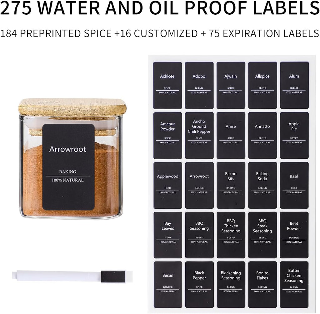 24Pcs 4oz Spice Jars with 275 Labels, Small Seasoning Glass Container Empty Organizer with Bamboo Lid Set for Pepper, Salt, Sugar