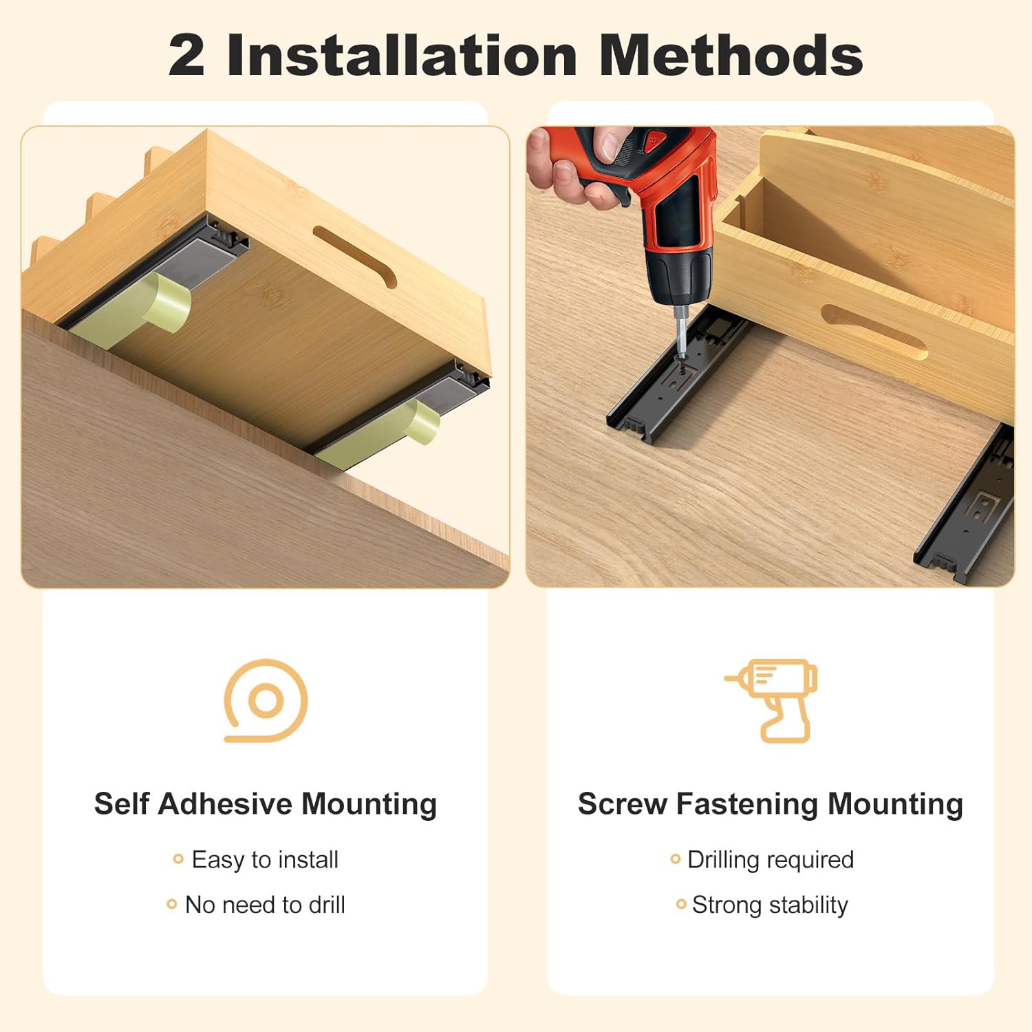 Housolution Pull Out Food Container Lid Organizer with Sliding Rail, Slide Out Plastic Lid Holder Compatible with Tupperware, Bamboo Storage Box with 5 Adjustable Dividers for Kitchen Cabinet, 2 Pack