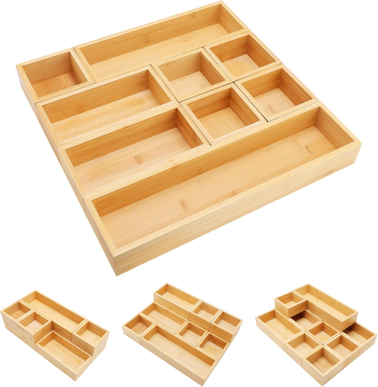 Bamboo Drawer Organizer Set, 14 PCS Multi-Use Individual Wood Storage Organizers, Junk Drawer Divider and Storage Trays Containers for Kitchen, Bathroom, Office Desk, Makeup, Jewelry, Utensils
