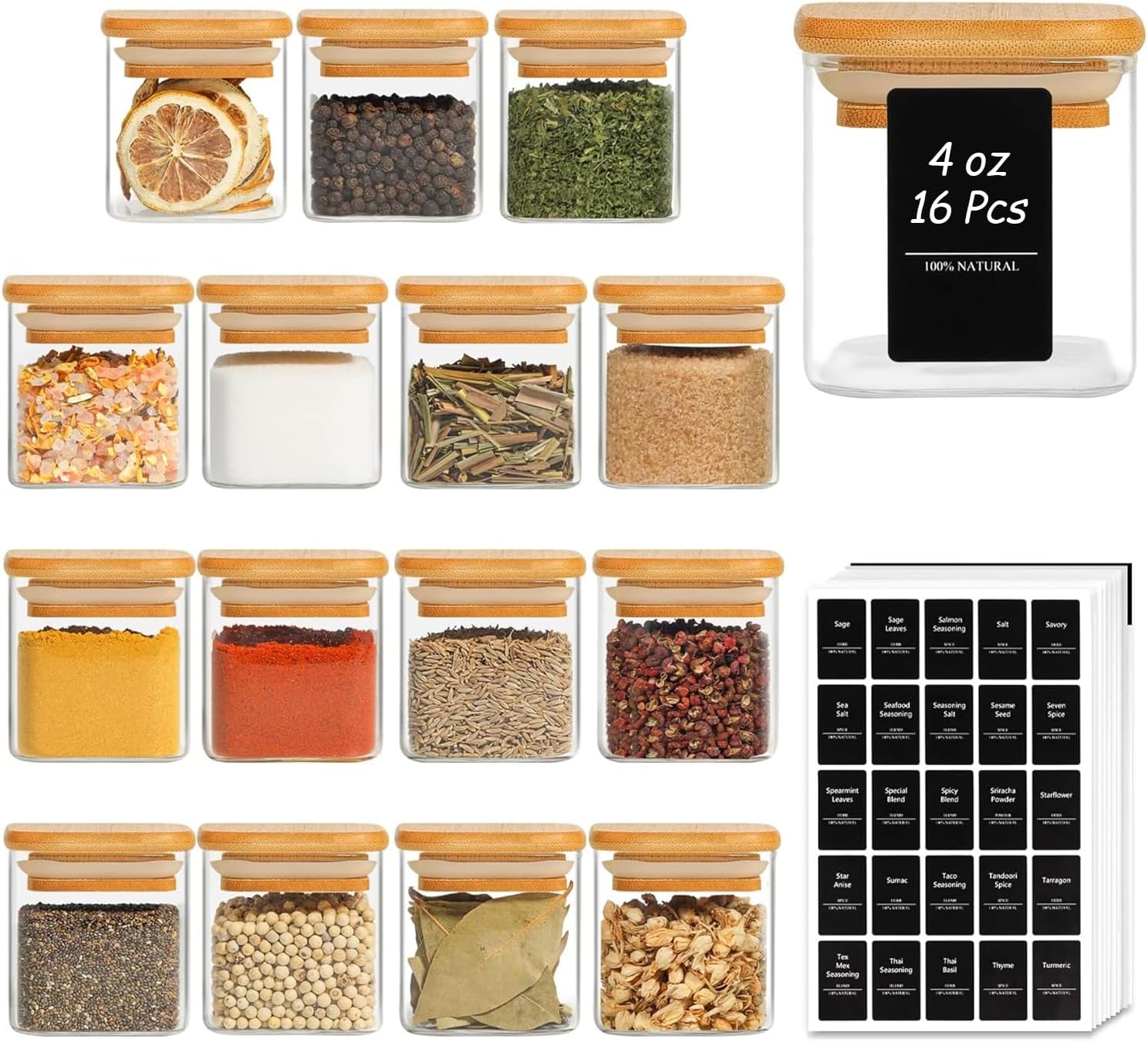 ComSaf 12Pcs Glass Spice Jars with Bamboo Lid, 10oz Airtight Square Containers with 275 Black Lables, Empty Seasoning Jars for Spice Salt Sugar