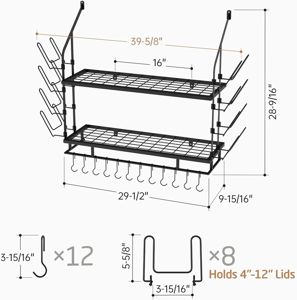 KES 30-Inch Pot Rack Wall Mounted with 8 Secure Lid Holders & 12 Sturdy Hooks, 2-Tier Kitchen Hanging Pot and Pan Organizer, Ample Storage for Tall Cookware, KUR215S75C-BK