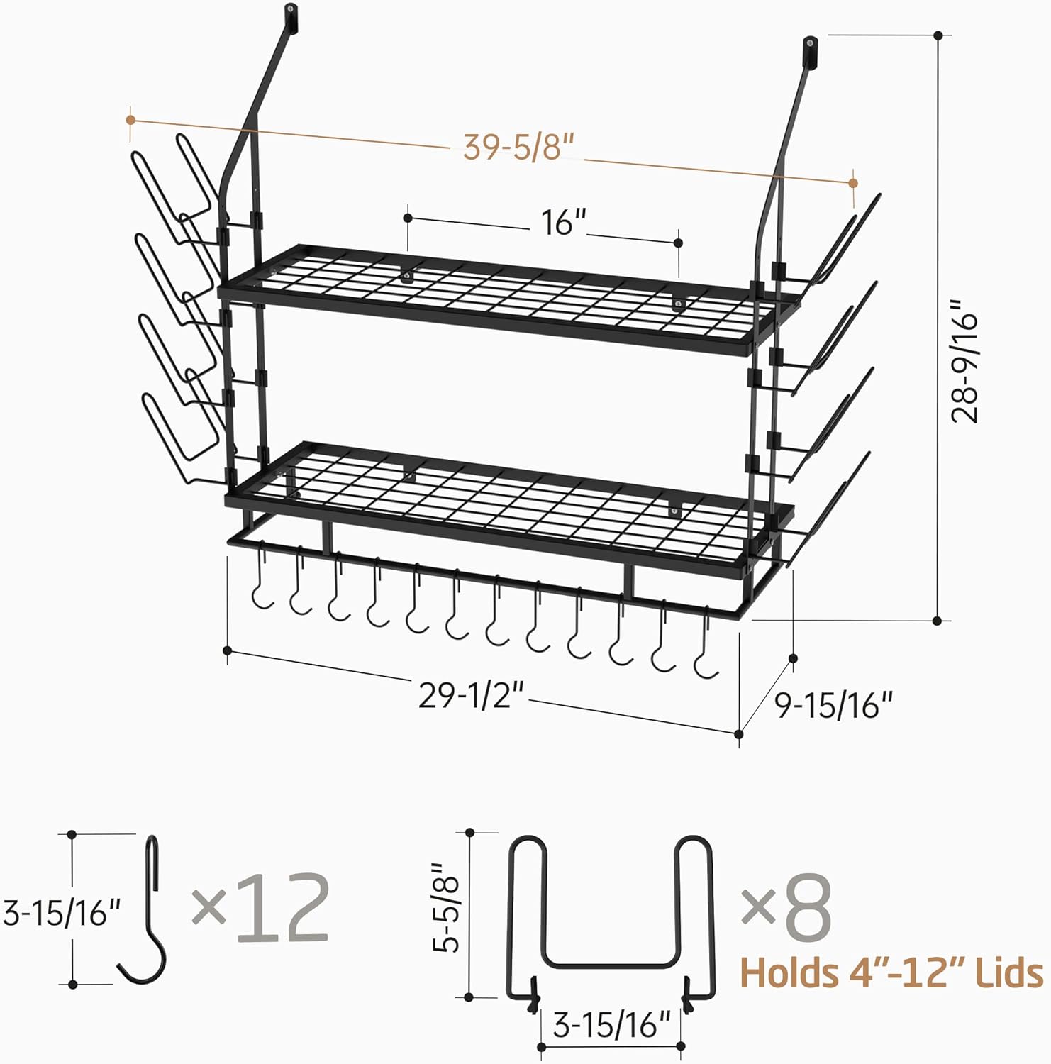 KES 30-Inch Pot Rack Wall Mounted with 8 Secure Lid Holders & 12 Sturdy Hooks, 2-Tier Kitchen Hanging Pot and Pan Organizer, Ample Storage for Tall Cookware, KUR215S75C-BK