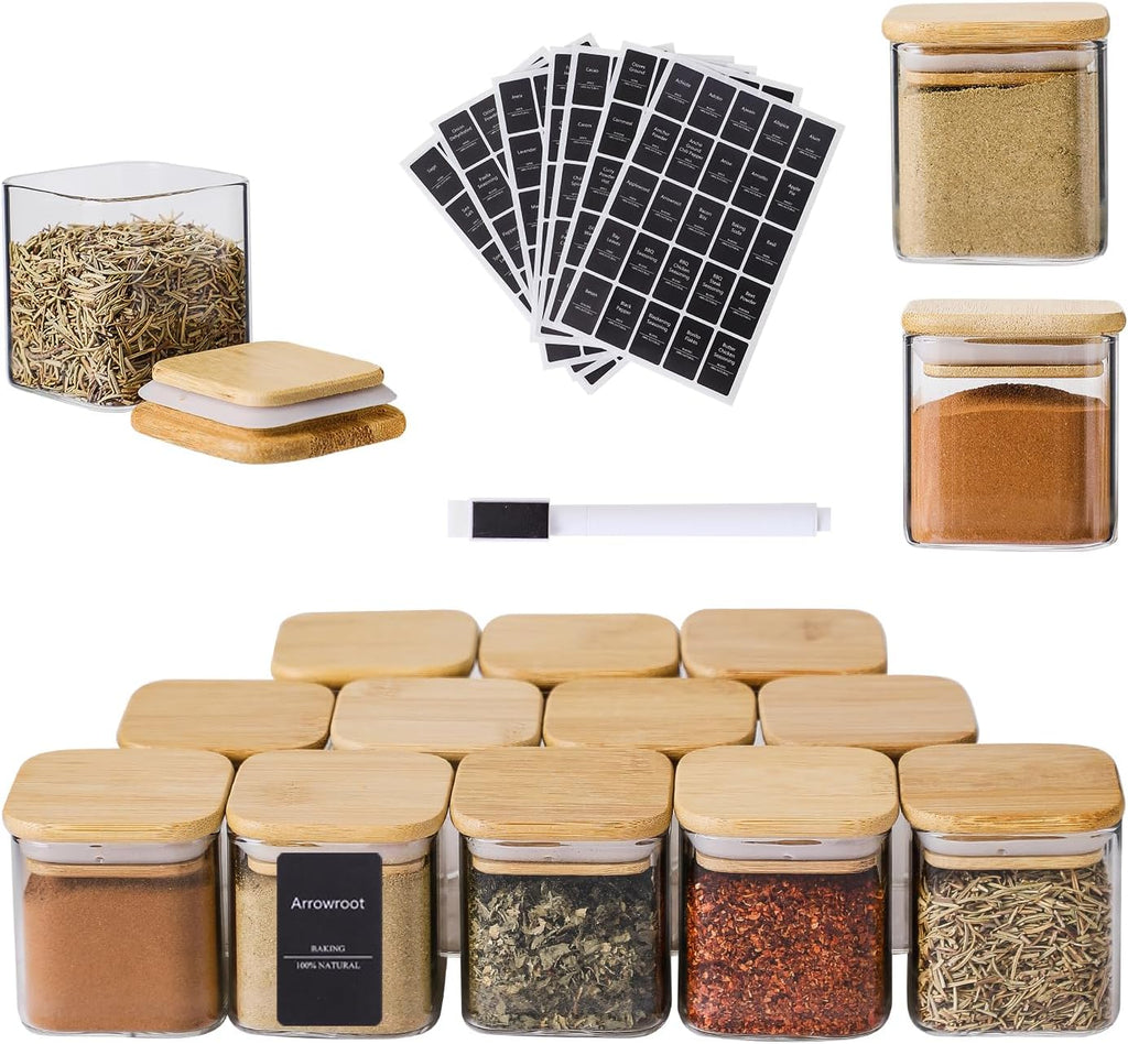 24Pcs 4oz Spice Jars with 275 Labels, Small Seasoning Glass Container Empty Organizer with Bamboo Lid Set for Pepper, Salt, Sugar