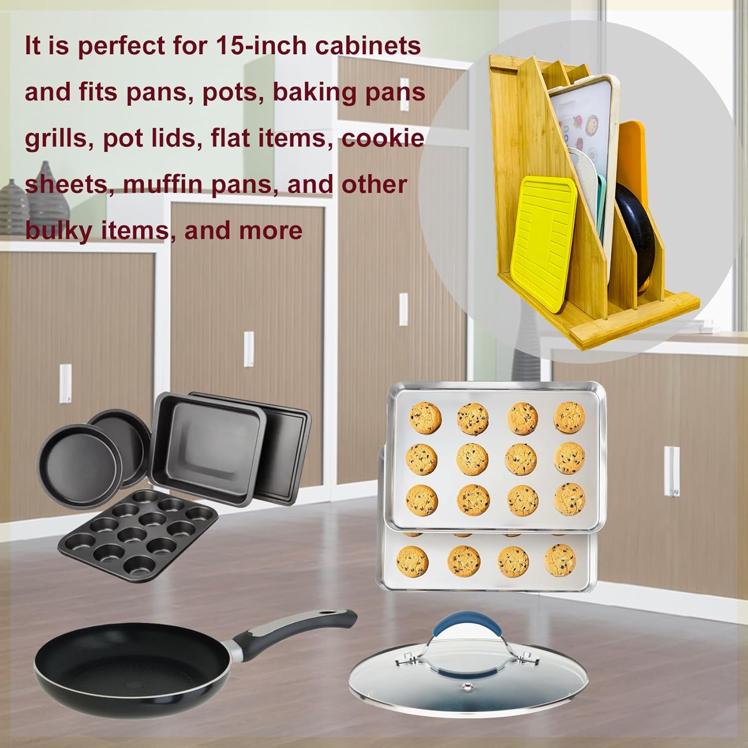 Wooden Cabinet Tray Dividers 4 Tier, 15.5" H x12" W x22.5" D, Cabinet Tray Dividers, For Cookie Sheets, Baking trays, Racks Lids, Pans, Flat Items, Perfect for Organizing Cabinets, 5 Years Warranty