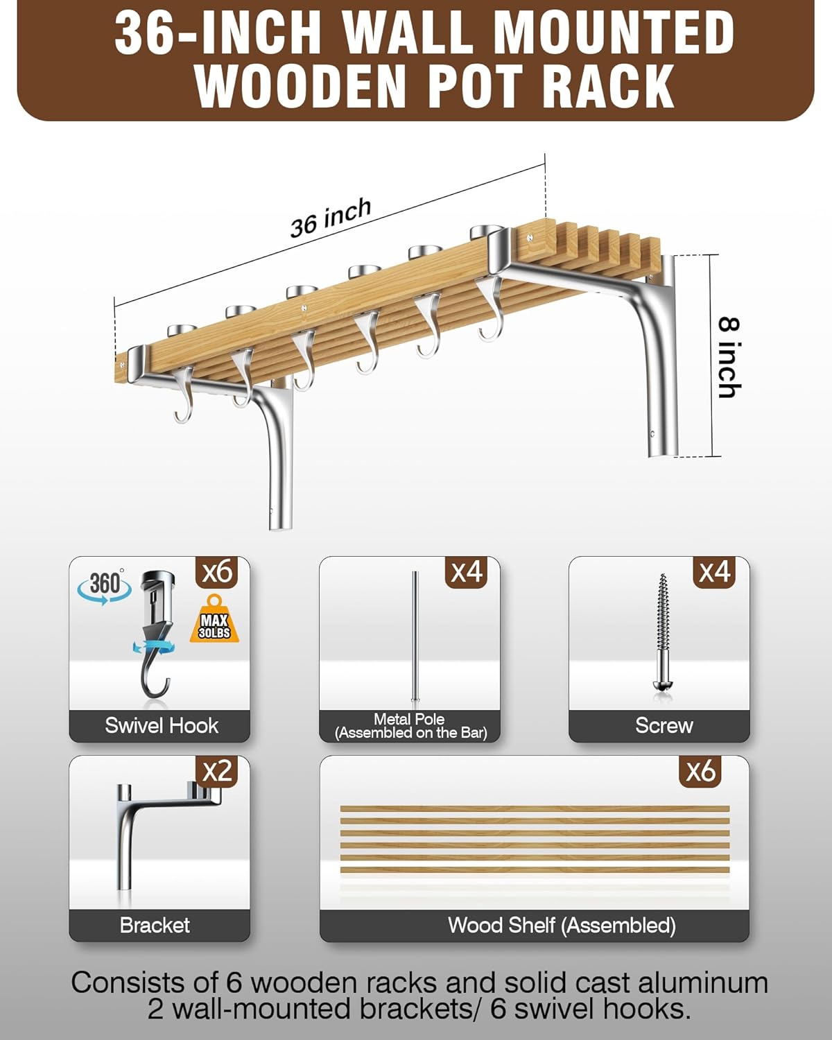 Cooks Standard Wall Mounted Wooden Pot Rack, 36 by 8-Inch