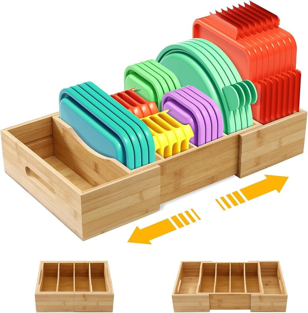 Expandable Food Container Lid Organizers Inside Cabinet, Bamboo Lids Organizer with 3 Adjustable Dividers Groove Design, Food Storage Plastic Lid Holder for Kitchen Storage, Organization