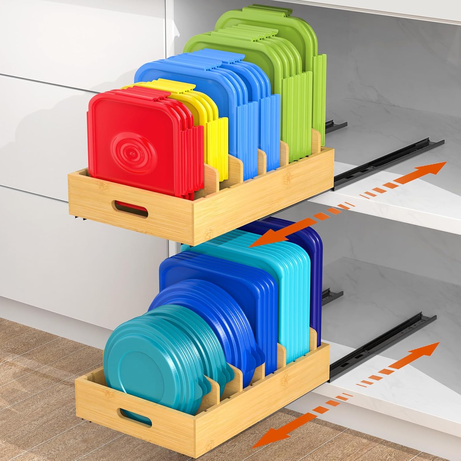Housolution Pull Out Food Container Lid Organizer with Sliding Rail, Slide Out Plastic Lid Holder Compatible with Tupperware, Bamboo Storage Box with 5 Adjustable Dividers for Kitchen Cabinet, 2 Pack
