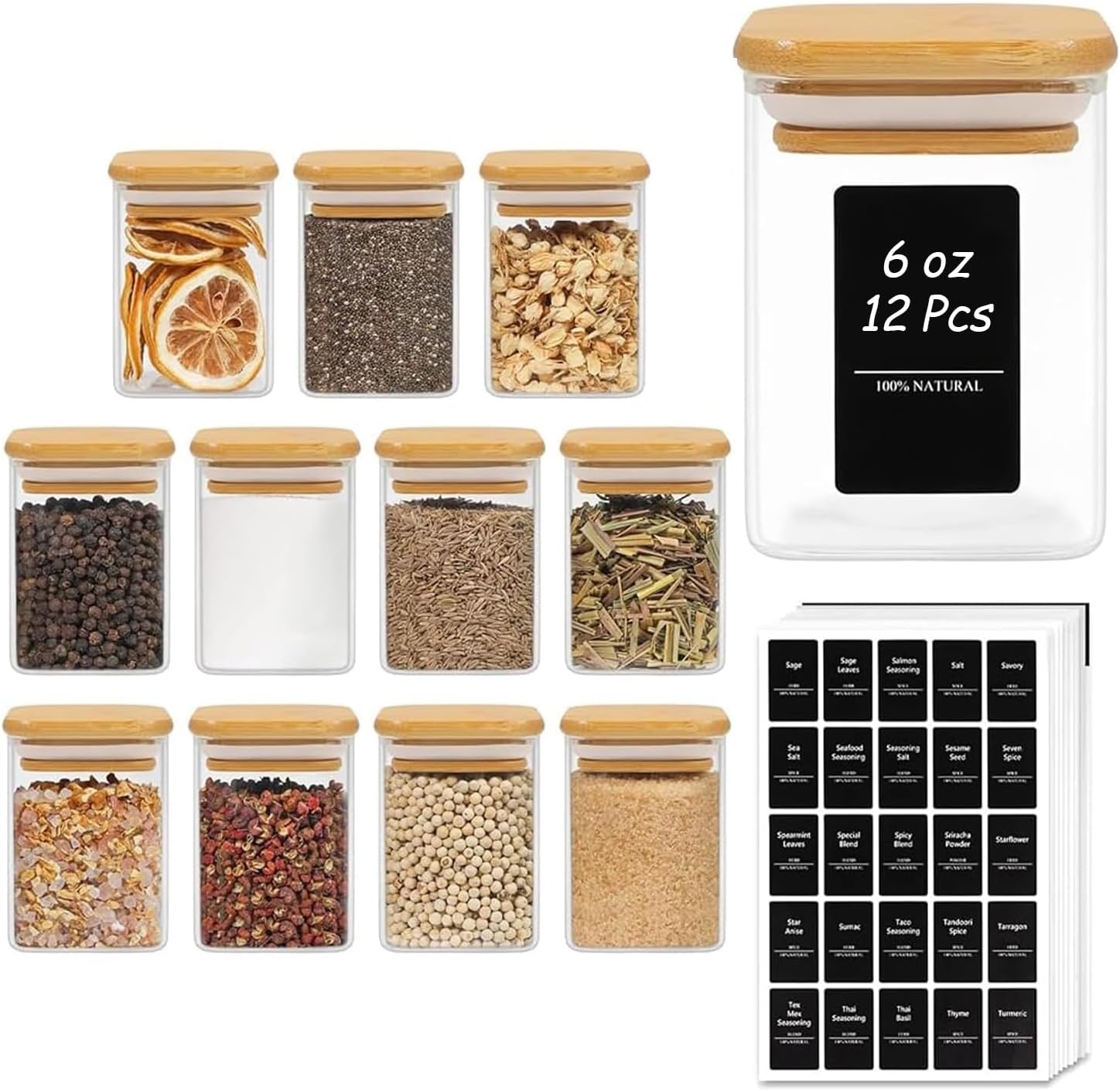 ComSaf 12Pcs Glass Spice Jars with Bamboo Lid, 10oz Airtight Square Containers with 275 Black Lables, Empty Seasoning Jars for Spice Salt Sugar