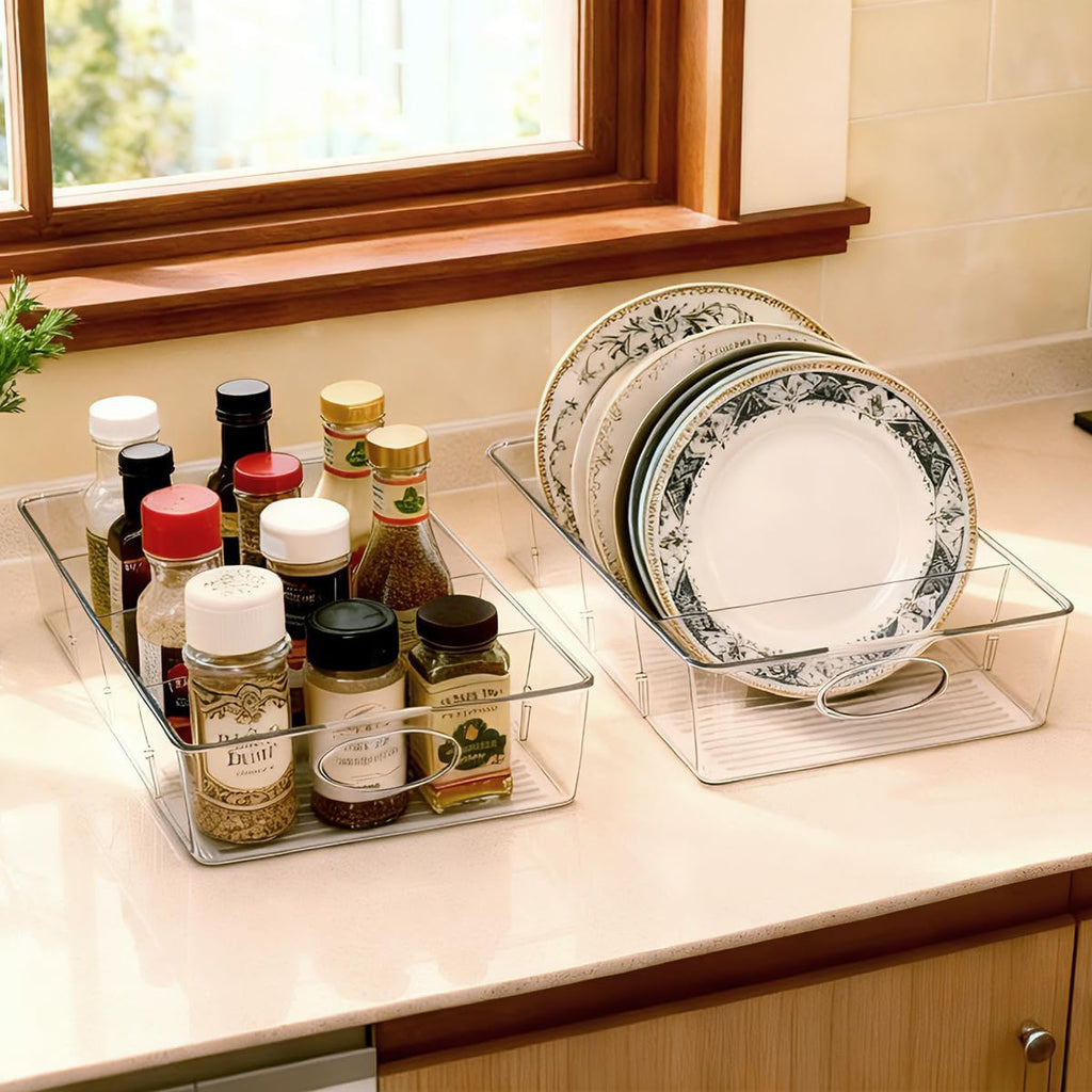 2 Pack Lid Organizer for Kitchen Cabinet Food Storage Container Lids, Clear Plastic Adjustable Dividers, Lid Organizers Inside Cabinet for Kitchen Organizers and Storage