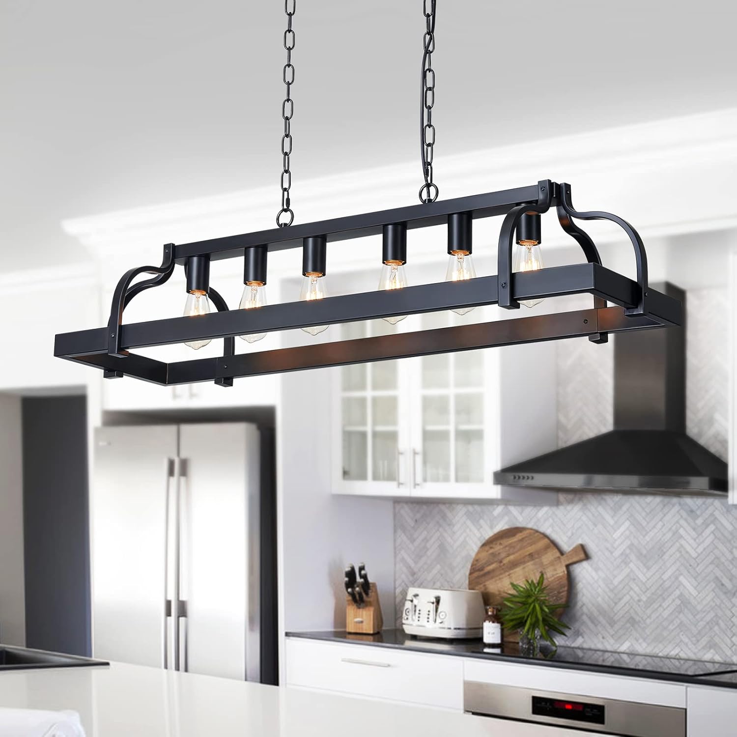 WUZUPS 4-Light Metal Pot Hanging Rack Chandelier Imitation Wood Grain Linear Pendant Ceiling Lighting Rustic Farmhouse Fixture Kitchen Island Dining Room, H 9.8" x L 34.6" x W11.8, E26 Base, Black