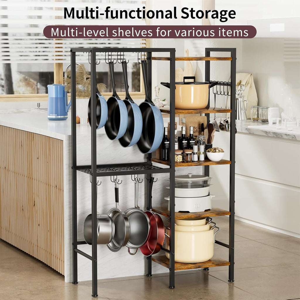 5-Tier Pot and Pan Organizer Rack with Hooks, Heavy-Duty Kitchen Storage Shelf for Cookware, Dishes, and Utensils, Freestanding Metal Pot Rack Organizer for Kitchen, Pantry, or Dining Room