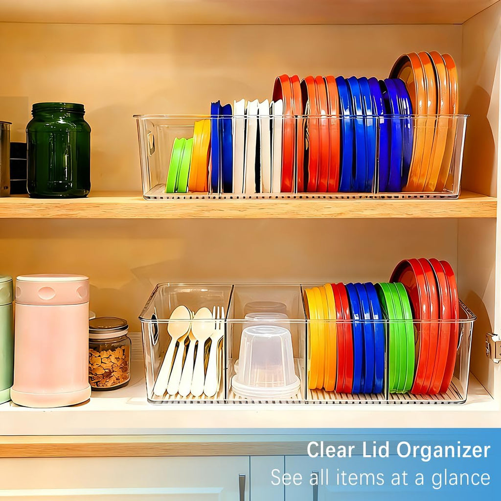 2 Pack Lid Organizer for Kitchen Cabinet Food Storage Container Lids, Clear Plastic Adjustable Dividers, Lid Organizers Inside Cabinet for Kitchen Organizers and Storage