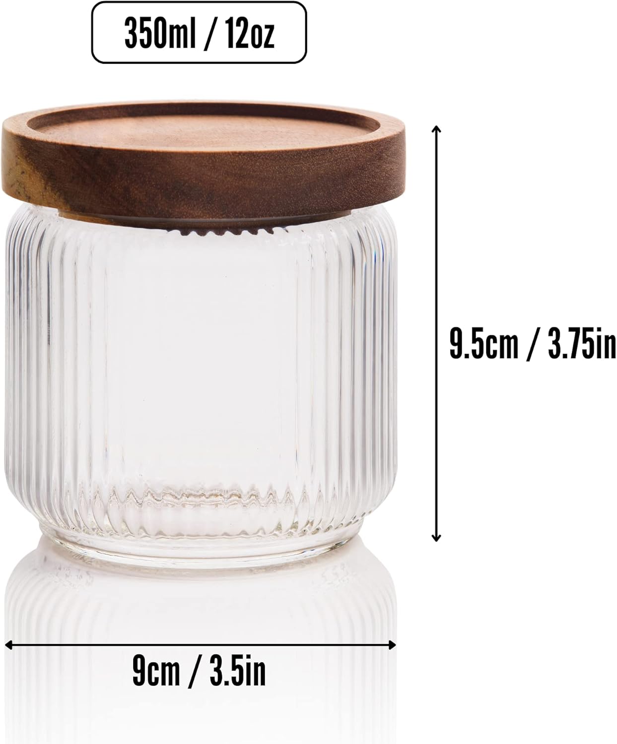 Mason & Fable 12 fl oz, 350ml Glass Food Storage Jars with Wood Lids (6pcs) - Stylish Ribbed Pattern for Kitchen Organization and Storage Containers for Spice, Tea, Coffee/Sugar
